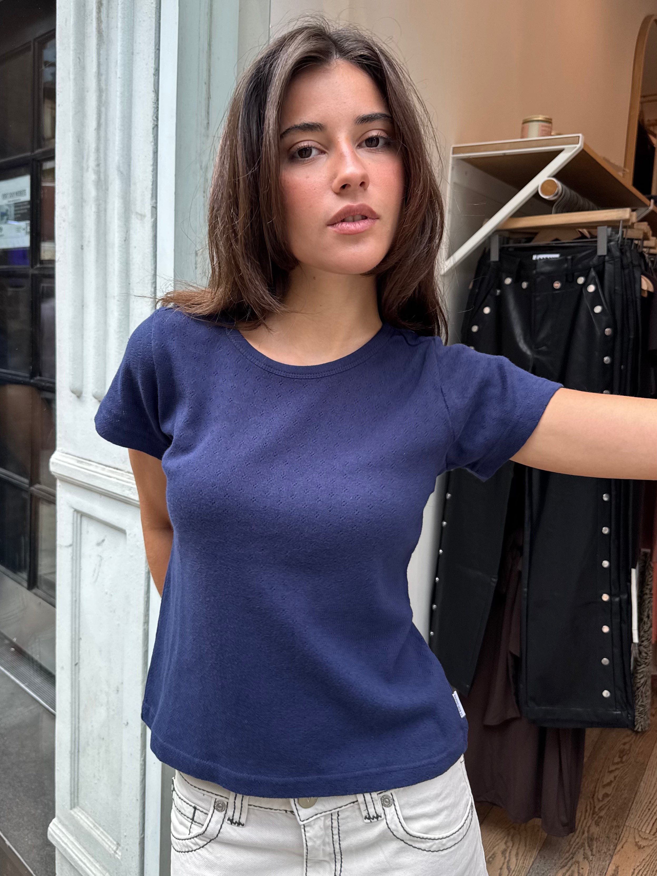 Pointelle Babe Tee in Navy