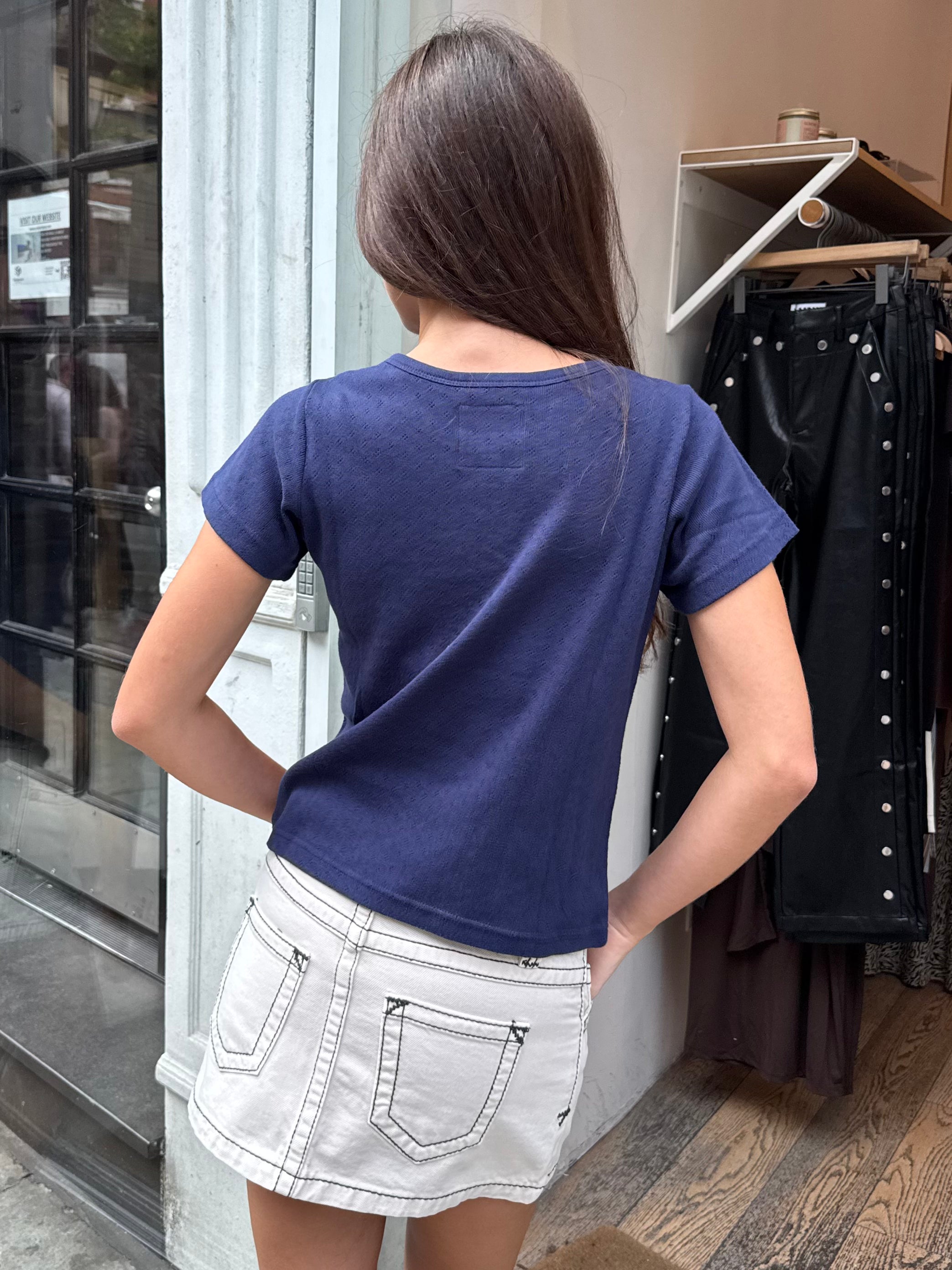 Pointelle Babe Tee in Navy