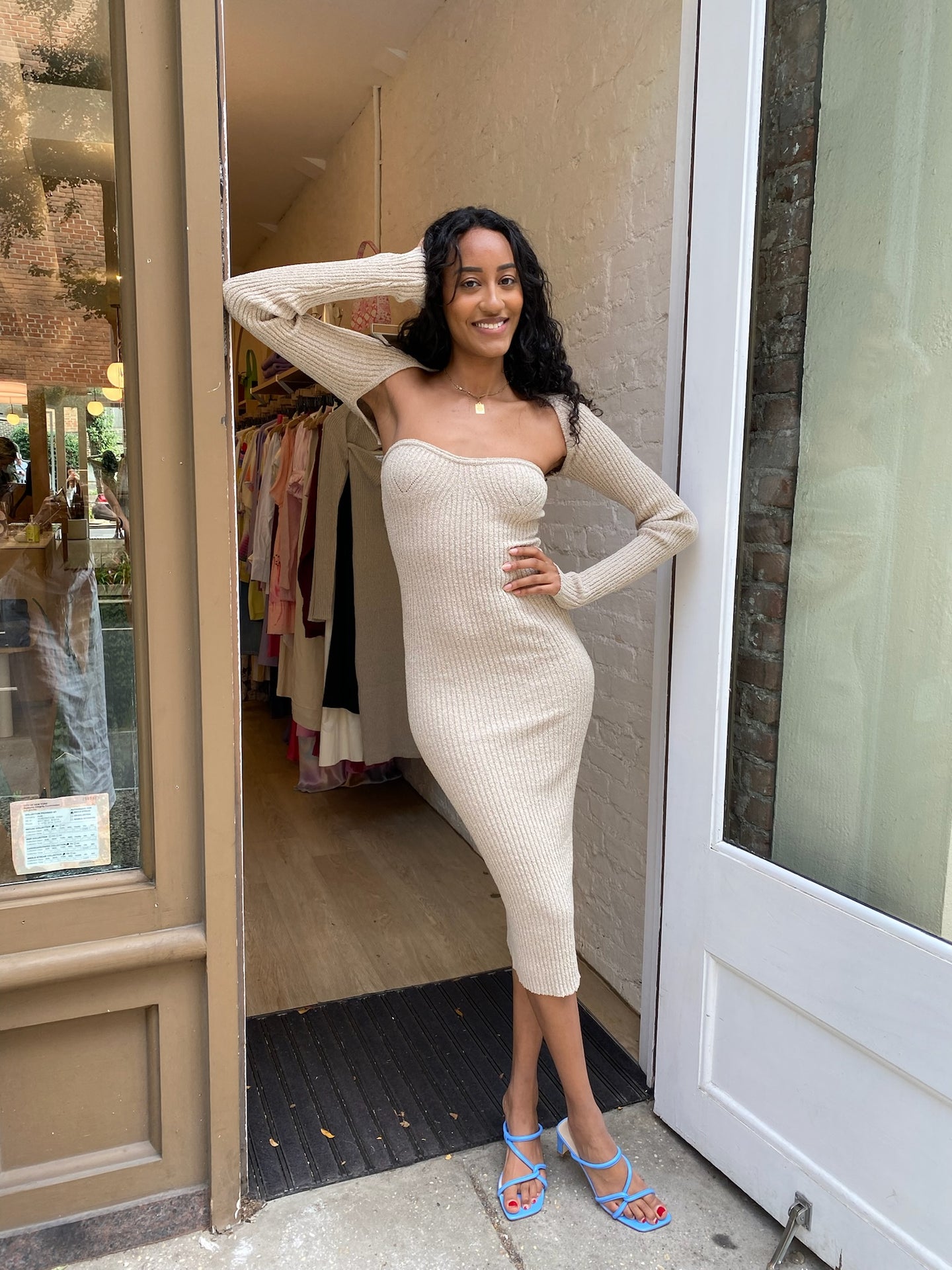 Zion Knitted Midi Dress in Beige