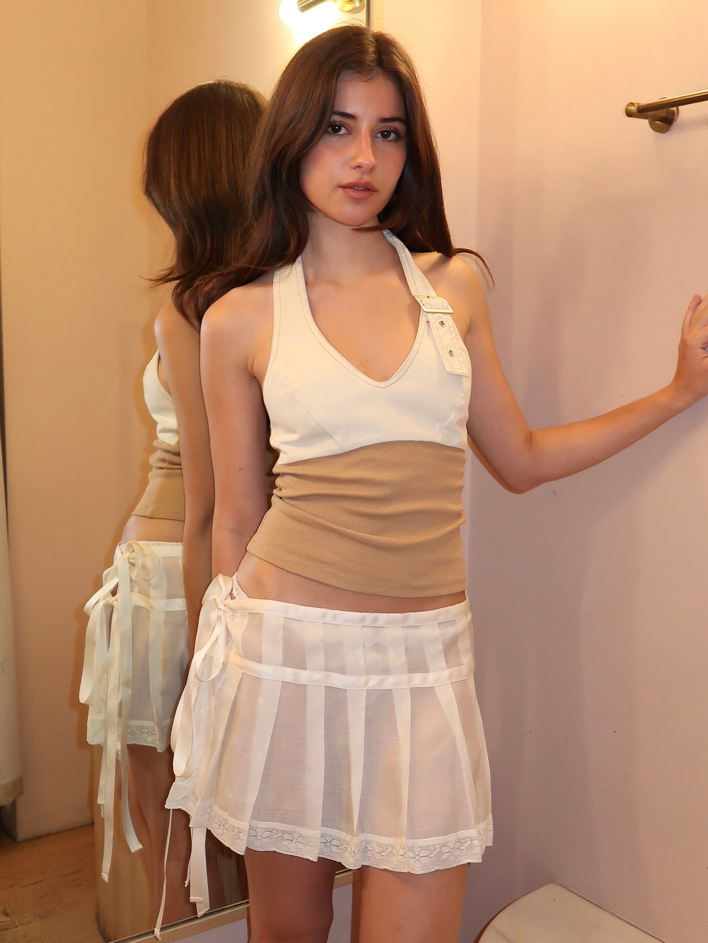 Evie Buckle Halter Top in Cream + Tan