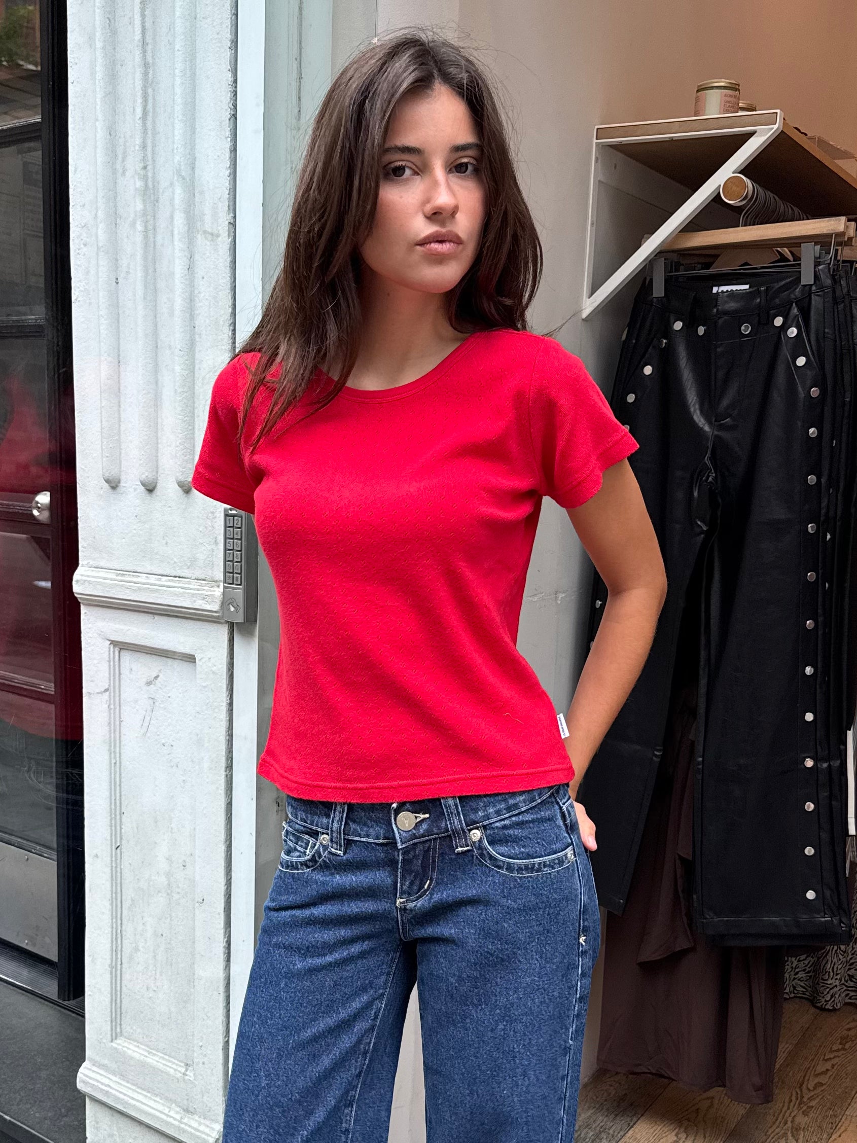 Pointelle Babe Tee in Red Apple