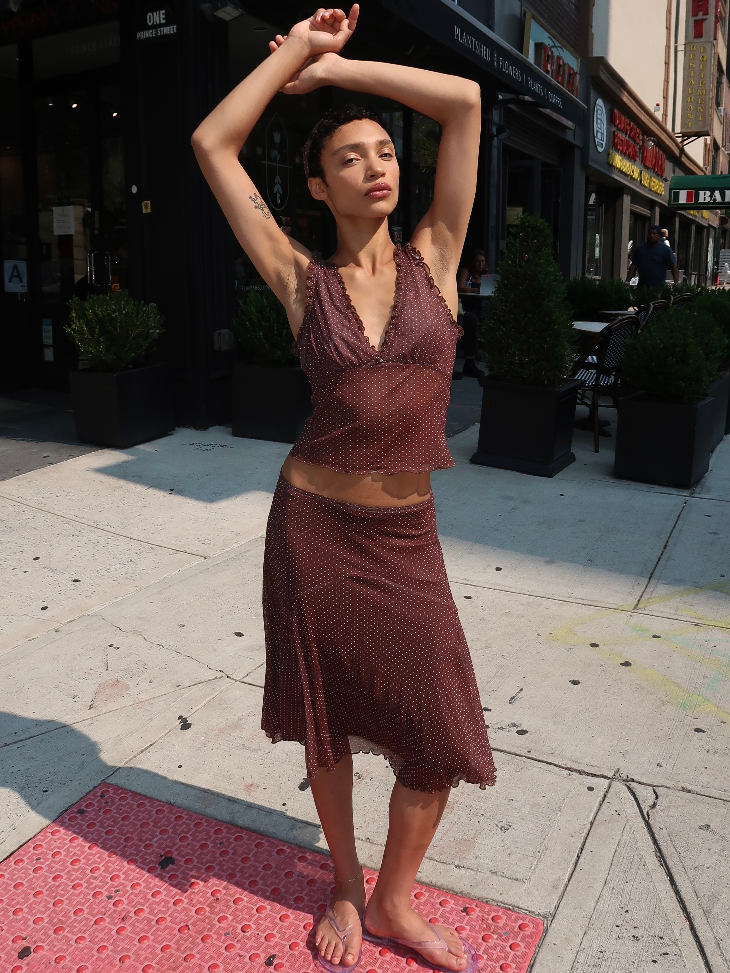 Olandria Ruffle Tank Top + Midi Skirt in Brown