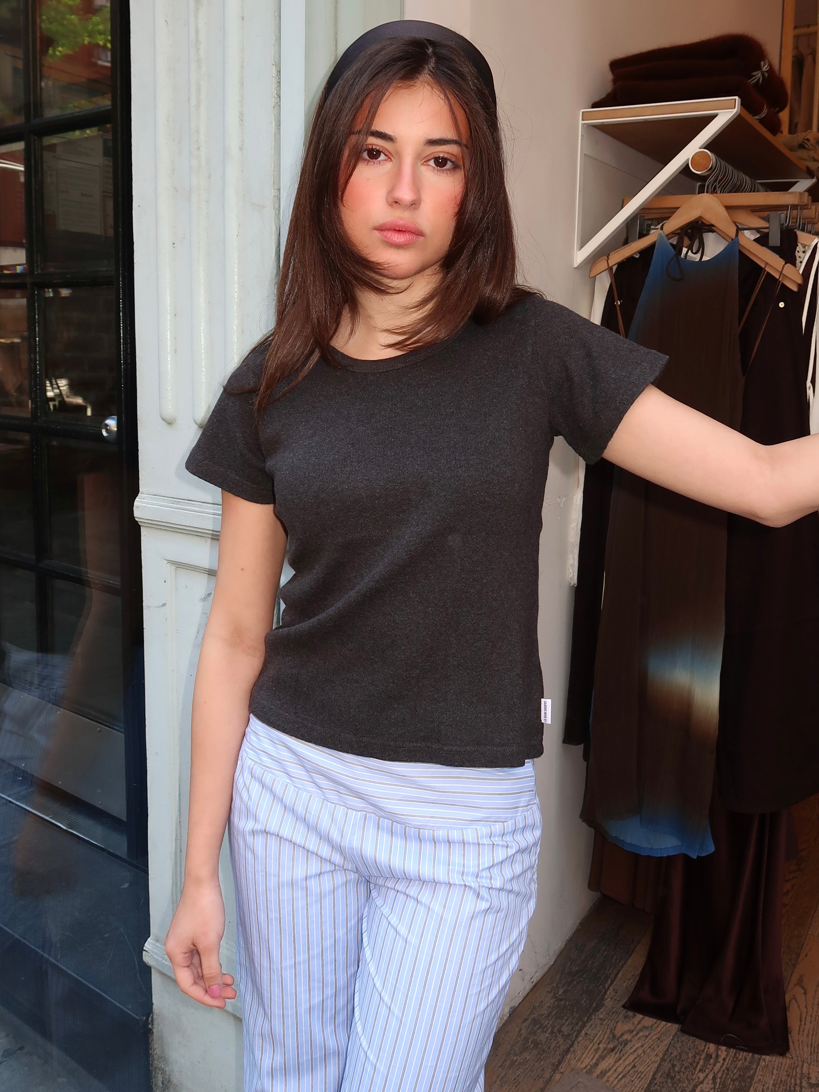 Pointelle Babe Tee in Charcoal