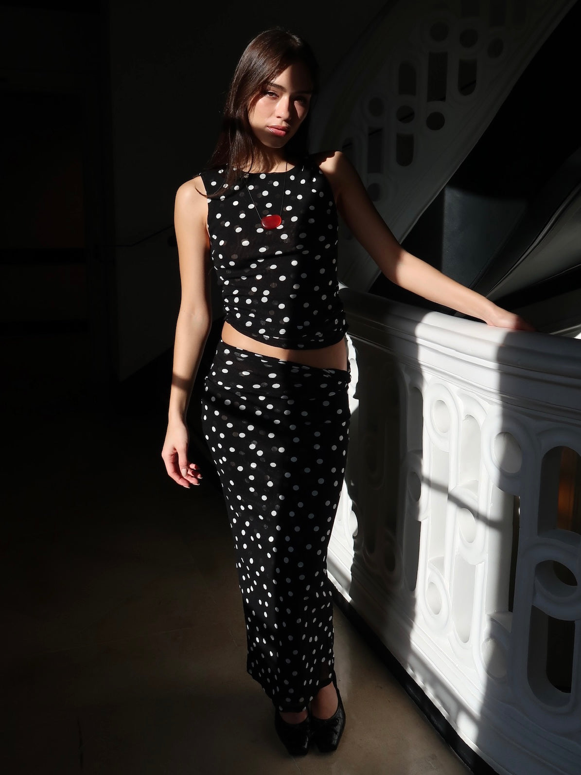 Odette Twist Maxi Skirt in Black Dot