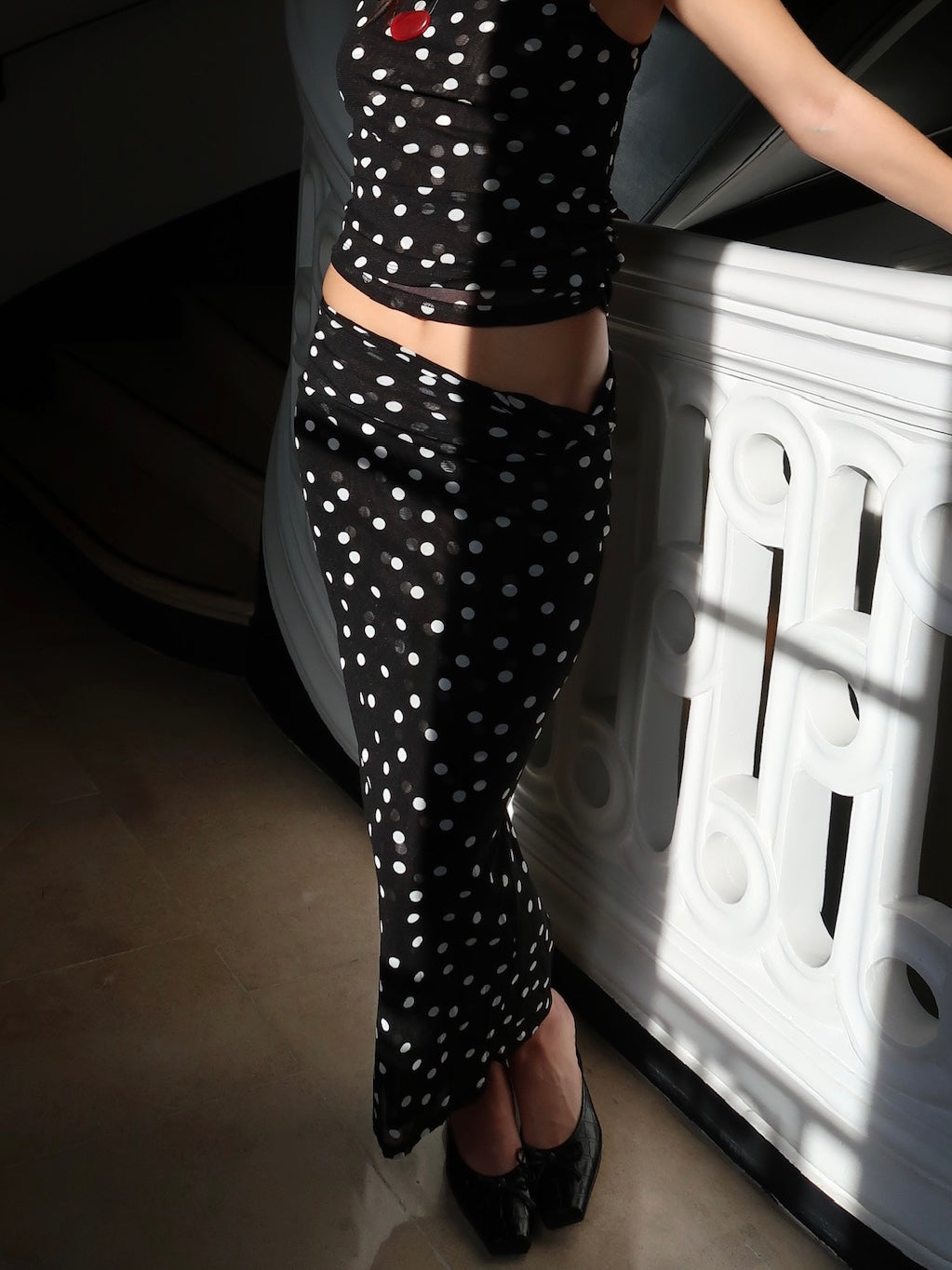 Odette Twist Maxi Skirt in Black Dot