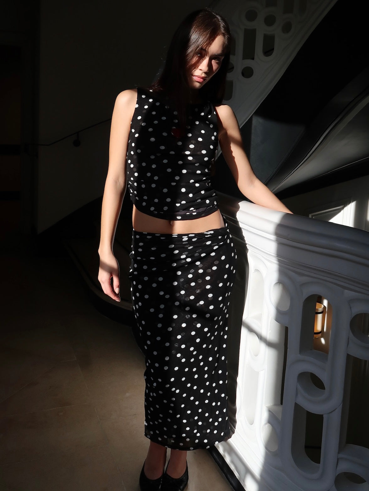 Odette Twist Maxi Skirt in Black Dot