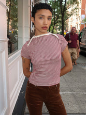 Baby Waffle Tee in Burgundy & Creme Stripe