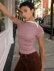 Baby Waffle Tee in Burgundy & Creme Stripe