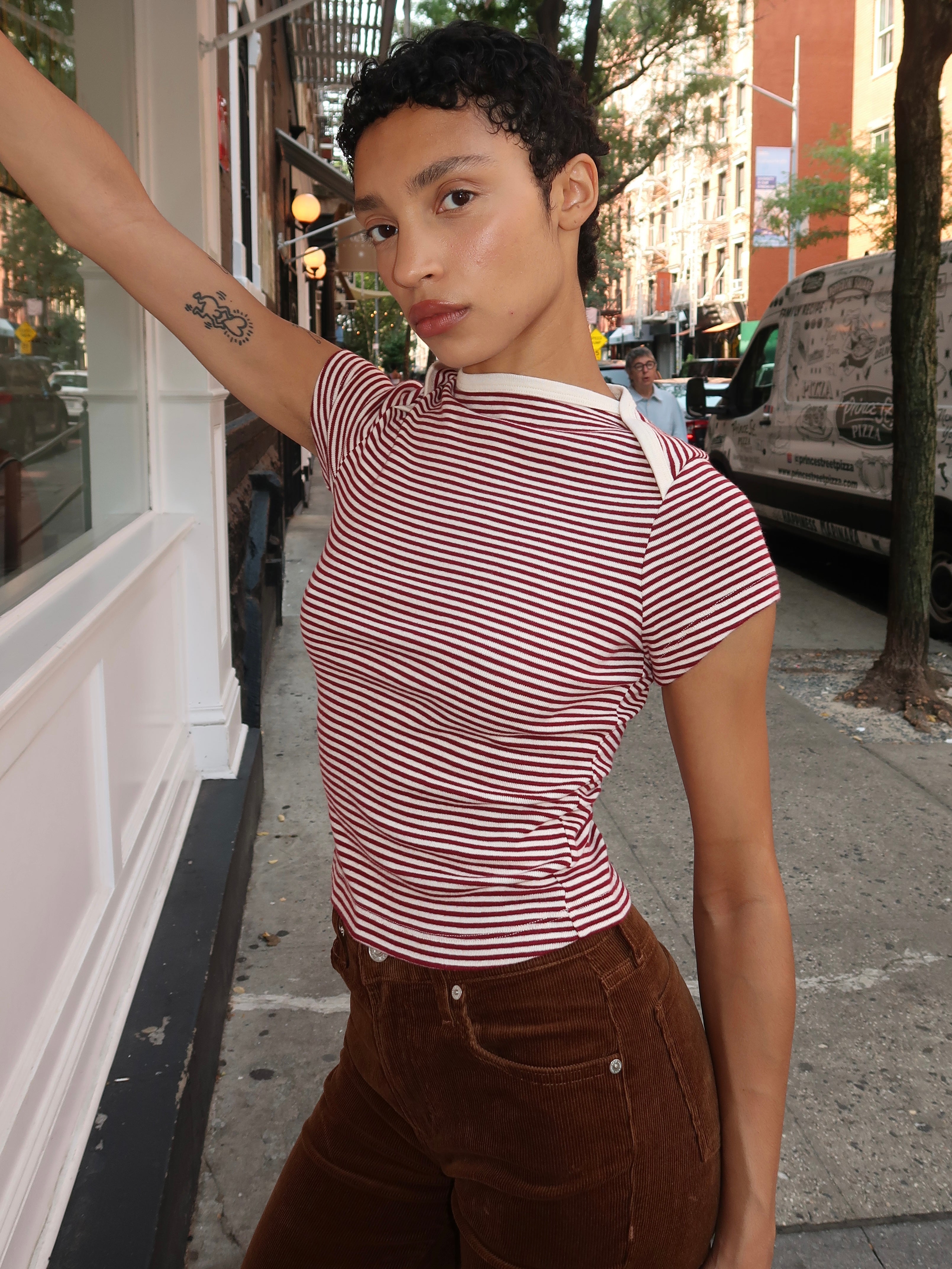 Baby Waffle Tee in Burgundy & Creme Stripe