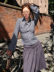 Tova Button Up Top in Grey Pinstripe