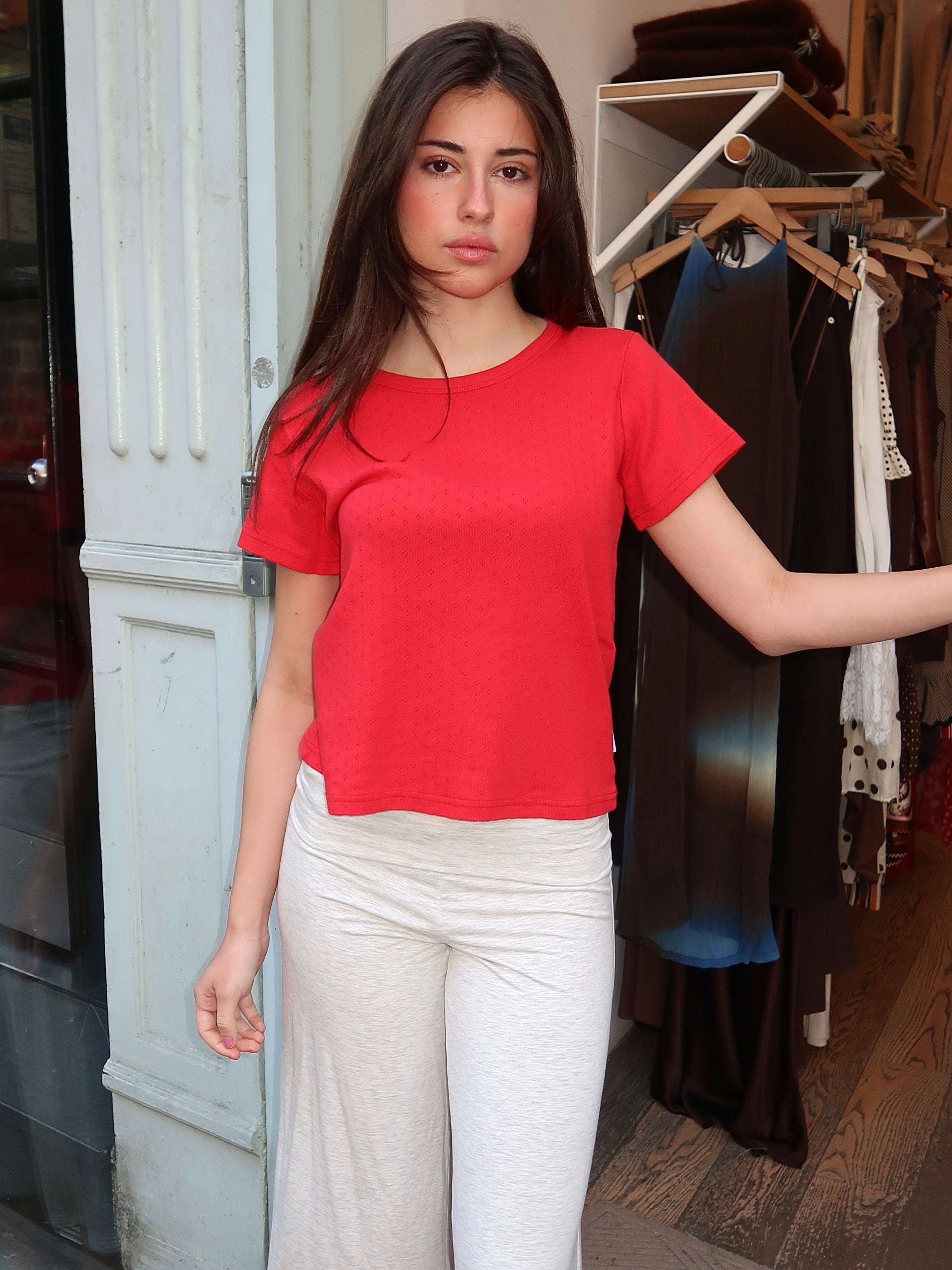 Pointelle Babe Tee in Red Apple