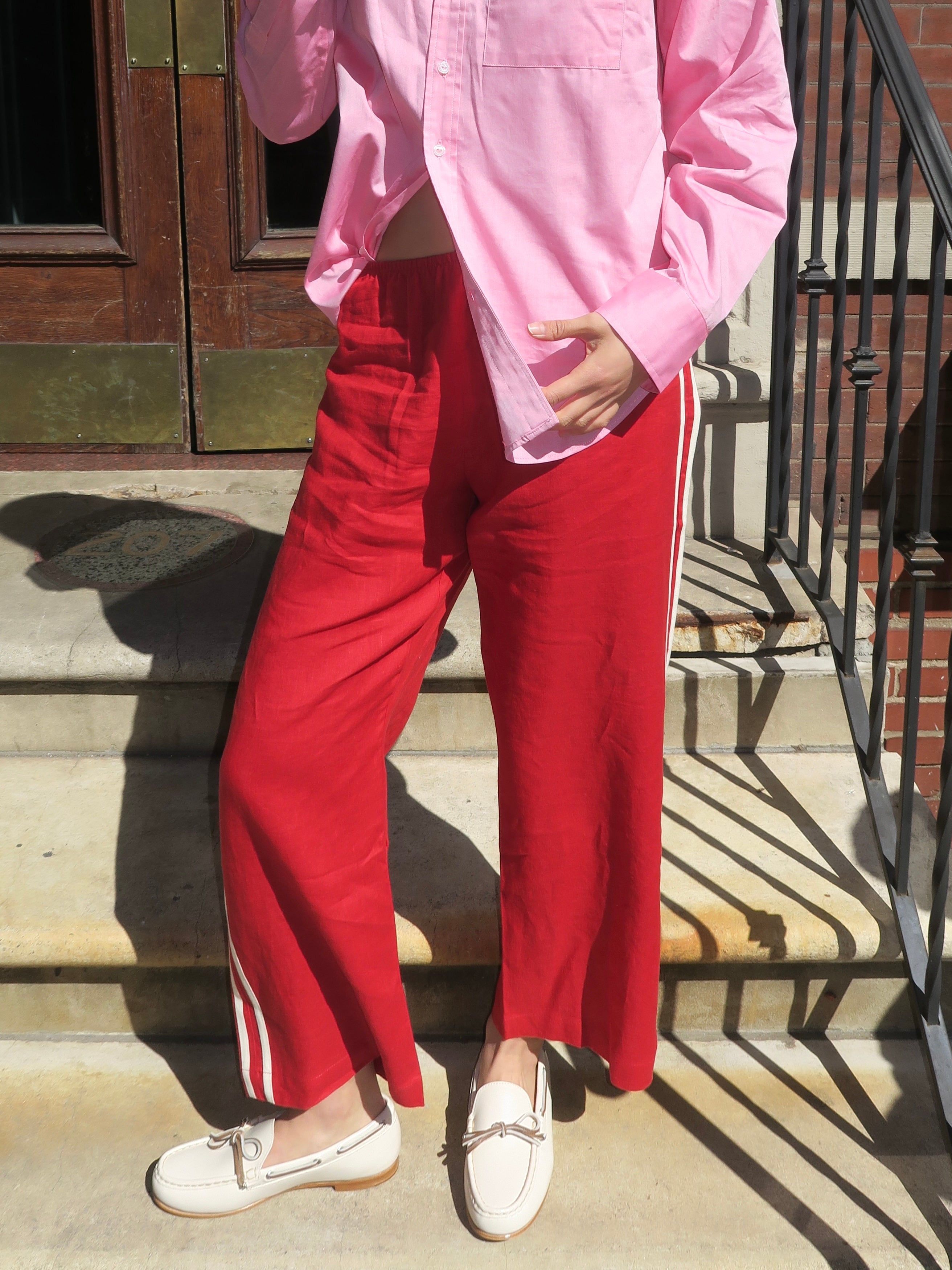Linen Stripe Crop Racer Pant in Bell Pepper