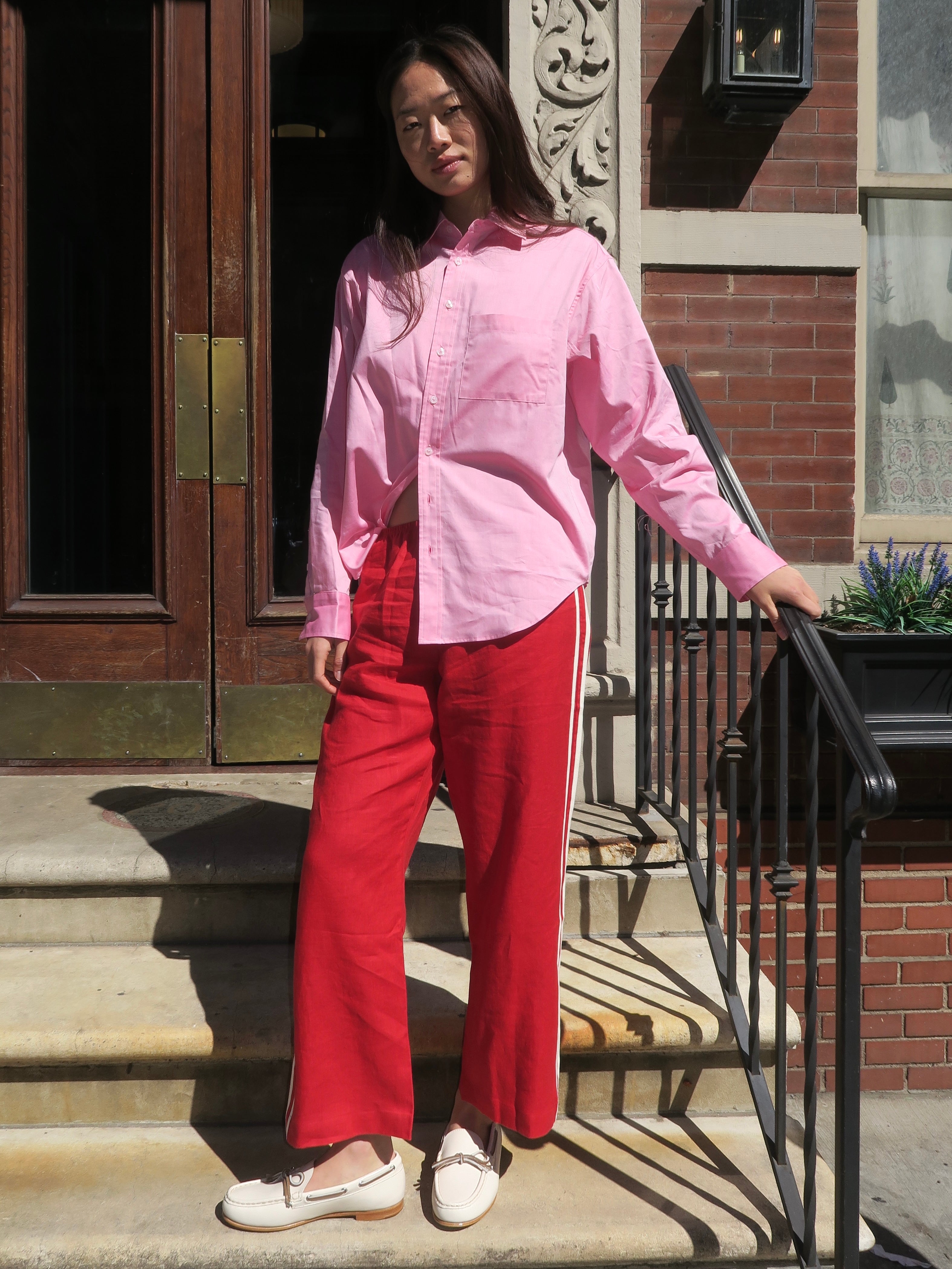 Linen Stripe Crop Racer Pant in Bell Pepper