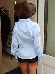 Lisa Ruched Button Up in Blue Mini Stripe