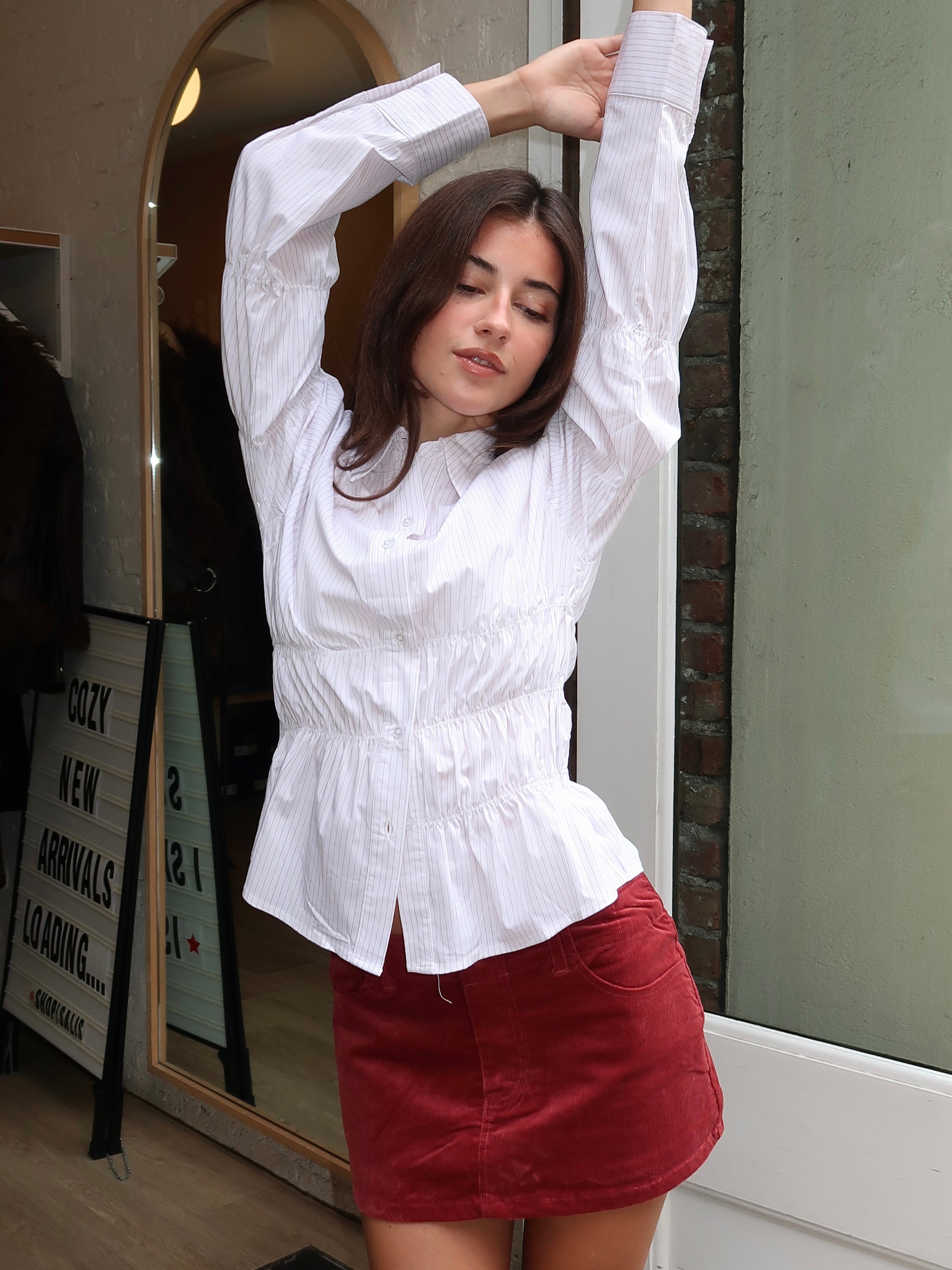 Lisa Ruched Button Up in White Mini Stripe