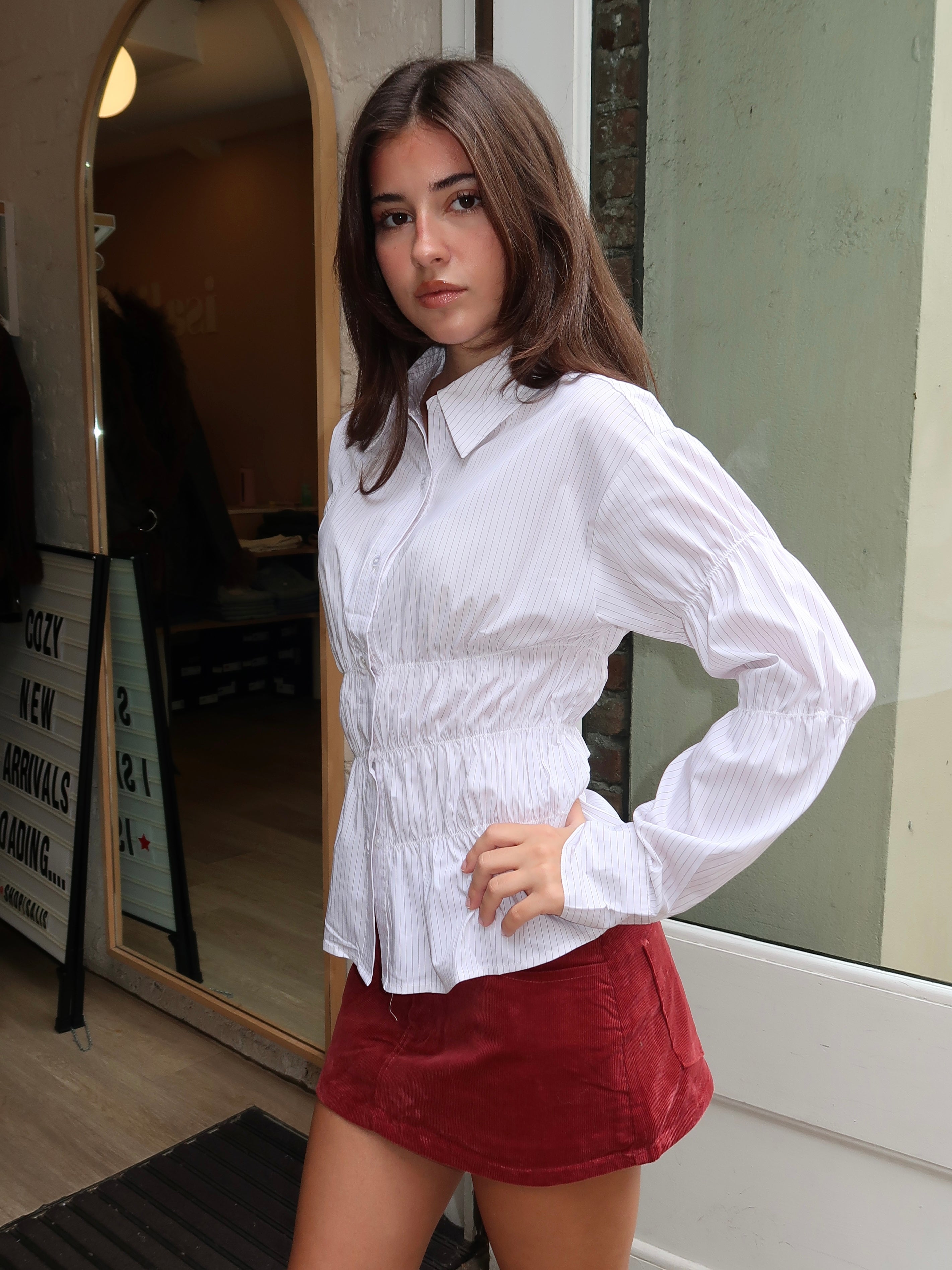 Lisa Ruched Button Up in White Mini Stripe