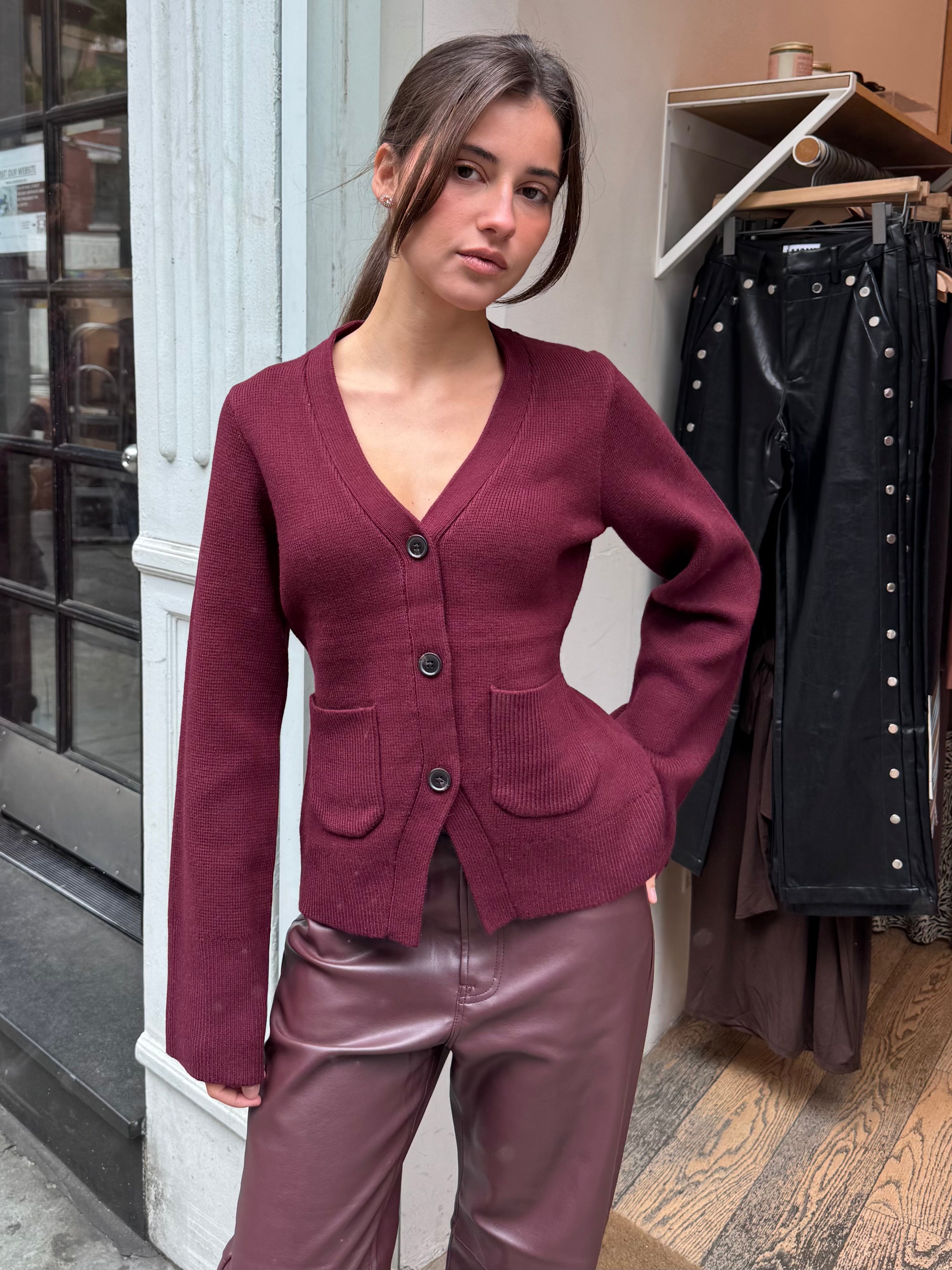 Aeron V-Neck Cardigan in Claret