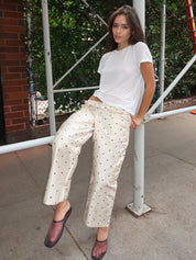 The Taffeta Drawstring Cargo Pant in Creme w/ Walnut Polka Dots