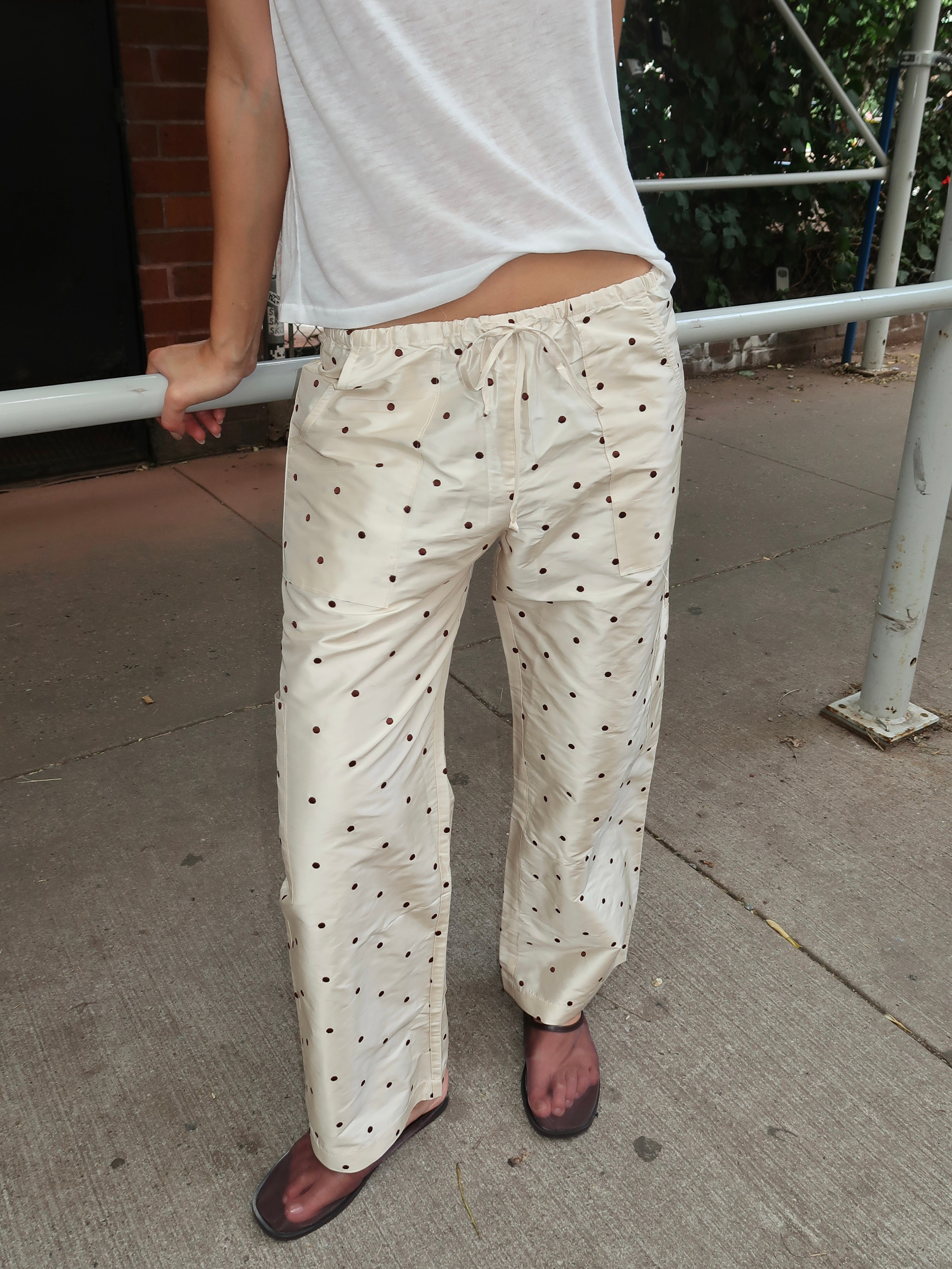 The Taffeta Drawstring Cargo Pant in Creme w/ Walnut Polka Dots