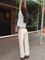 The Taffeta Drawstring Cargo Pant in Creme w/ Walnut Polka Dots