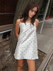 The Taffeta Mini Dress in Silver w/ Jet Polka Dots
