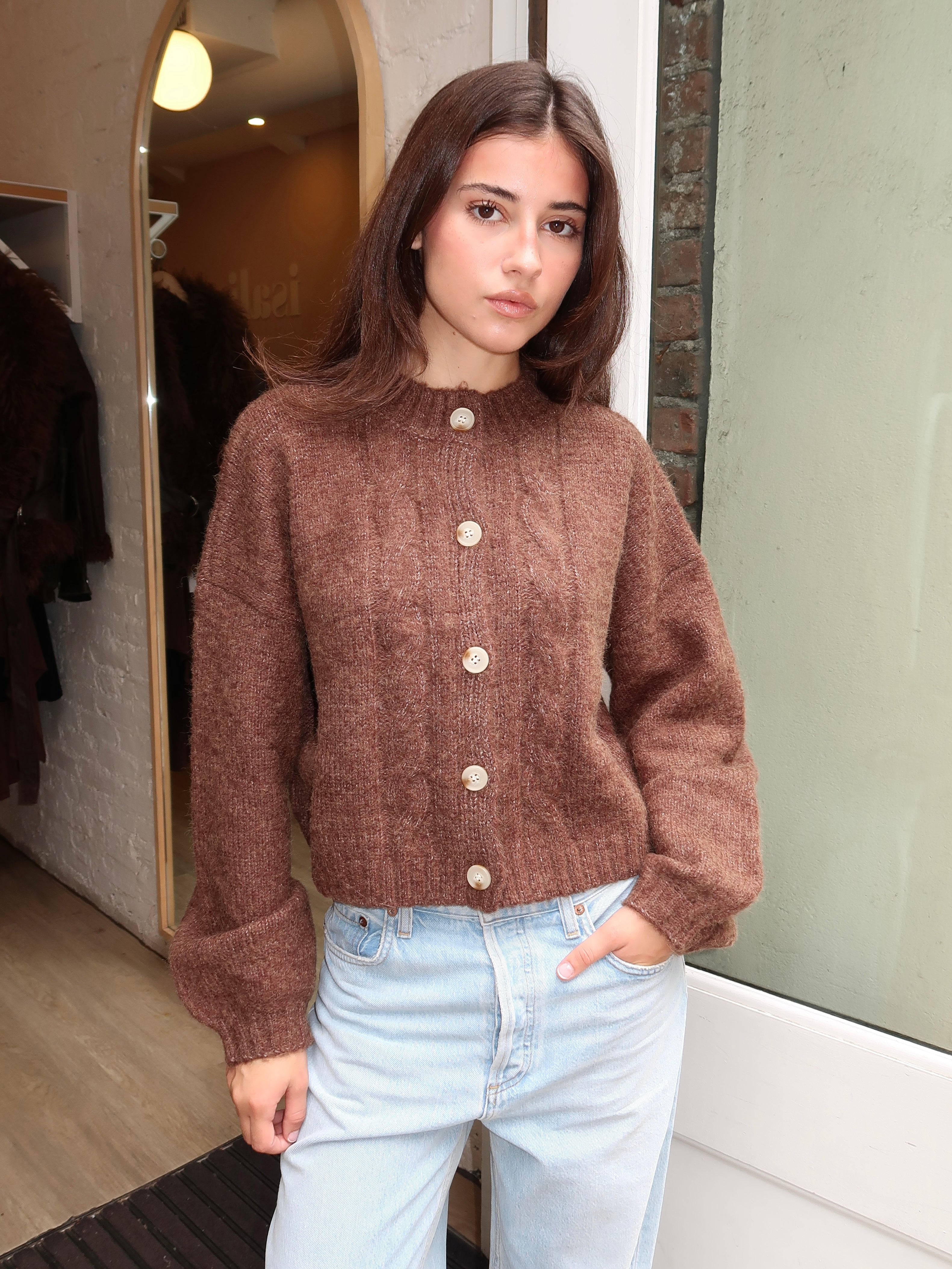 Barbara Cardigan in Cableknit Brown