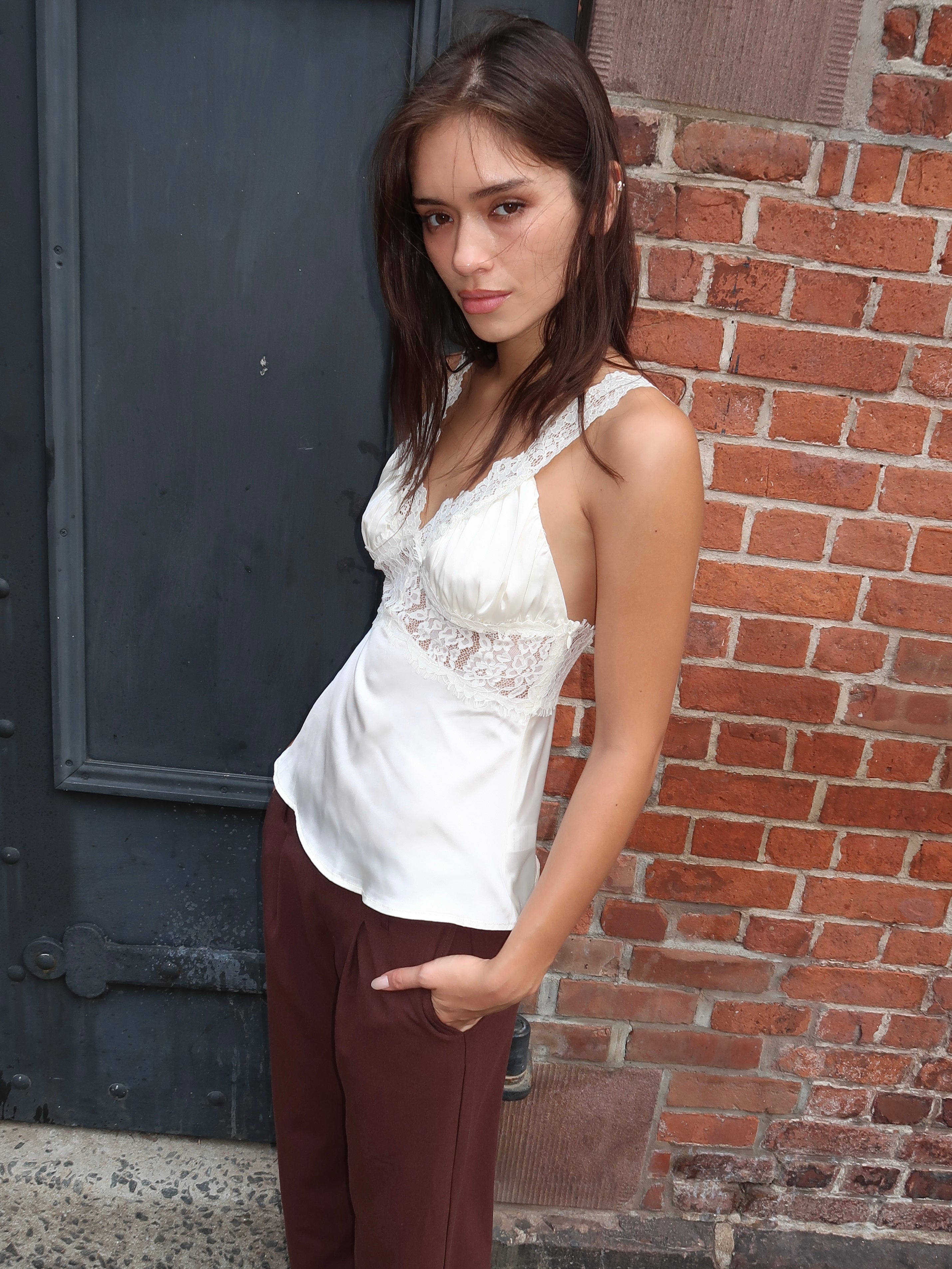 Paris Satin Lace Top in Cream