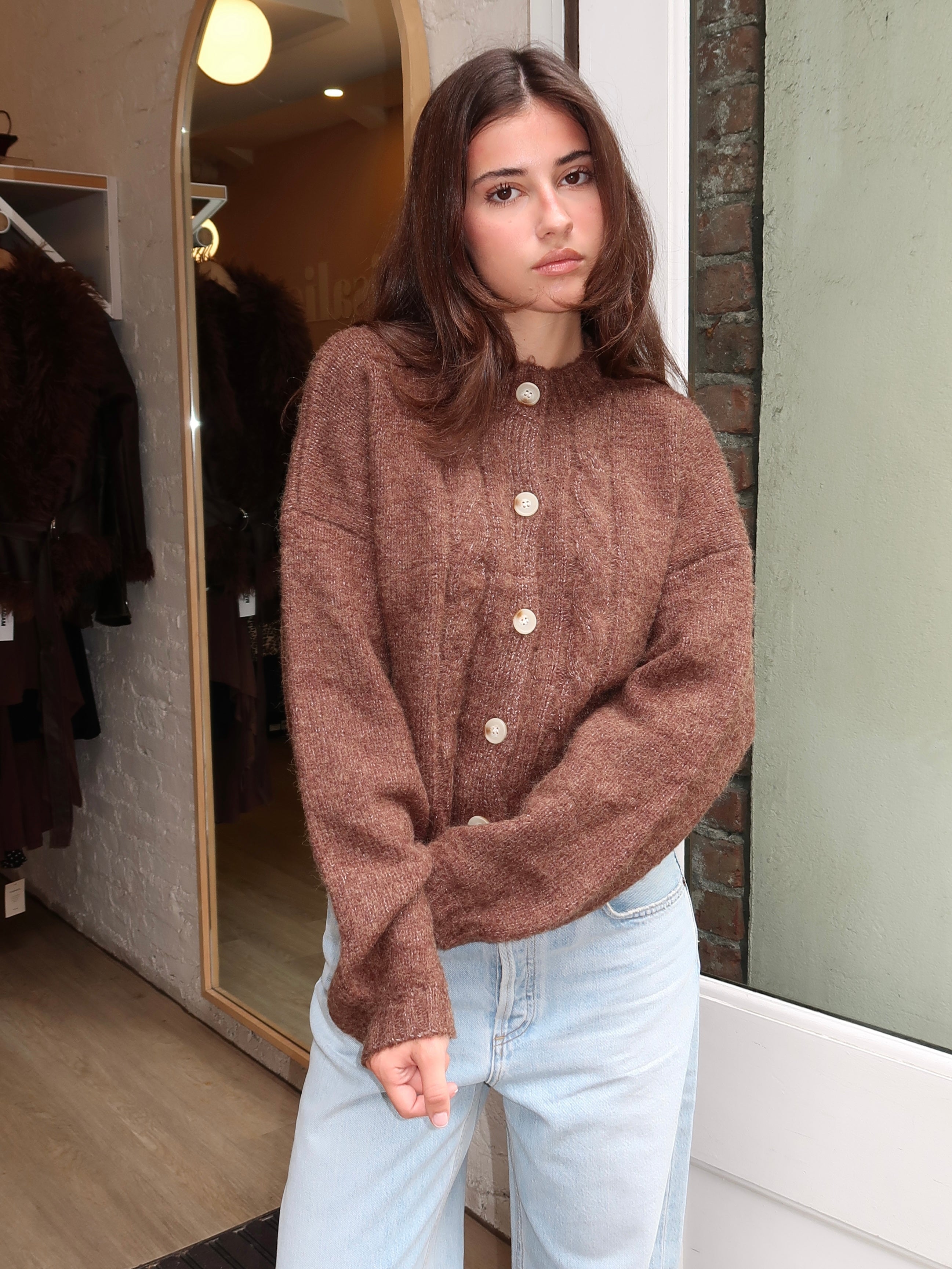 Barbara Cardigan in Cableknit Brown