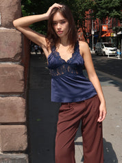 Paris Satin Lace Top in Navy