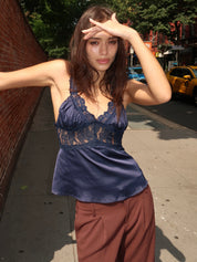 Paris Satin Lace Top in Navy