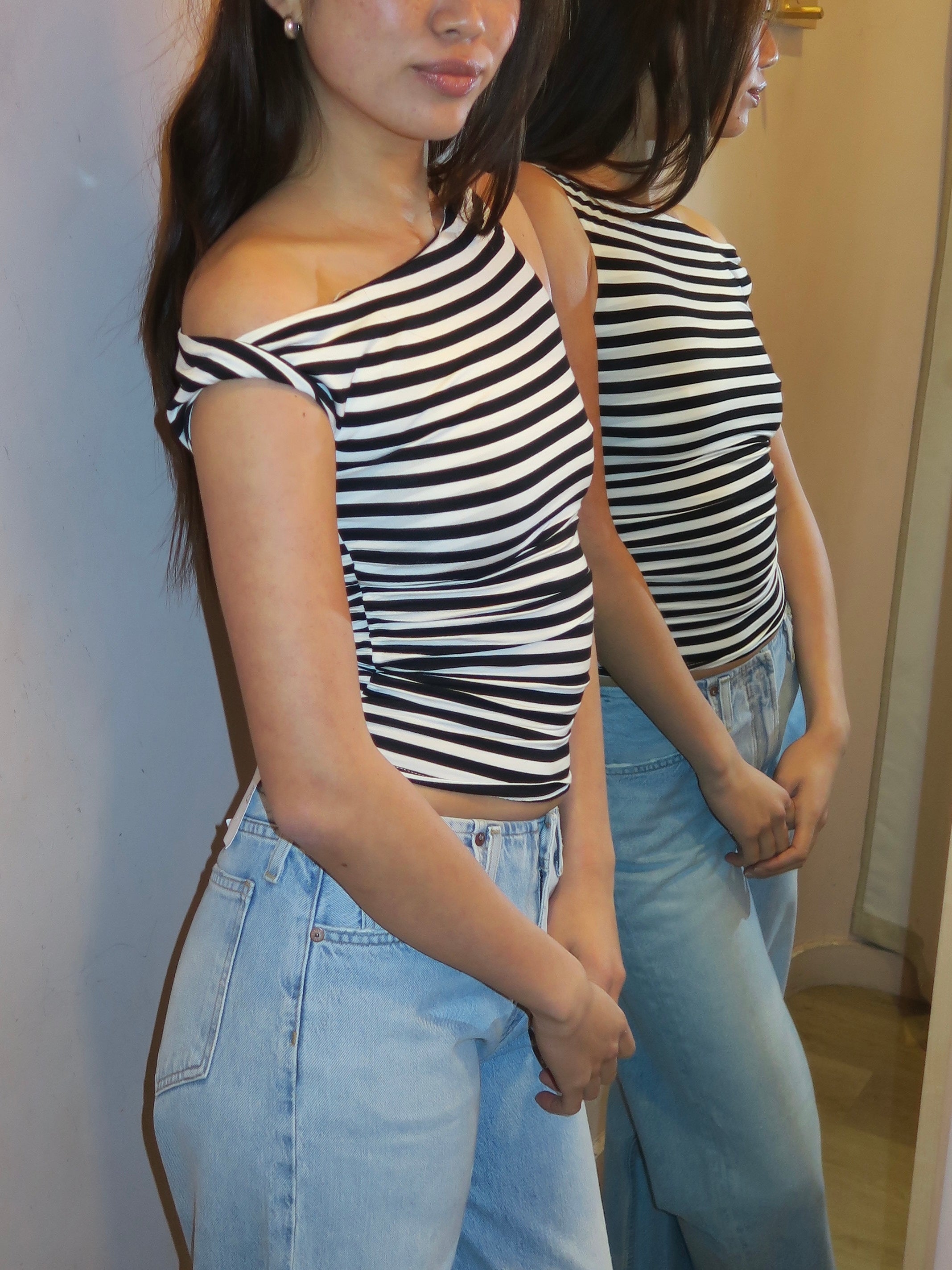 Lucille Asym Top in B&W Stripe