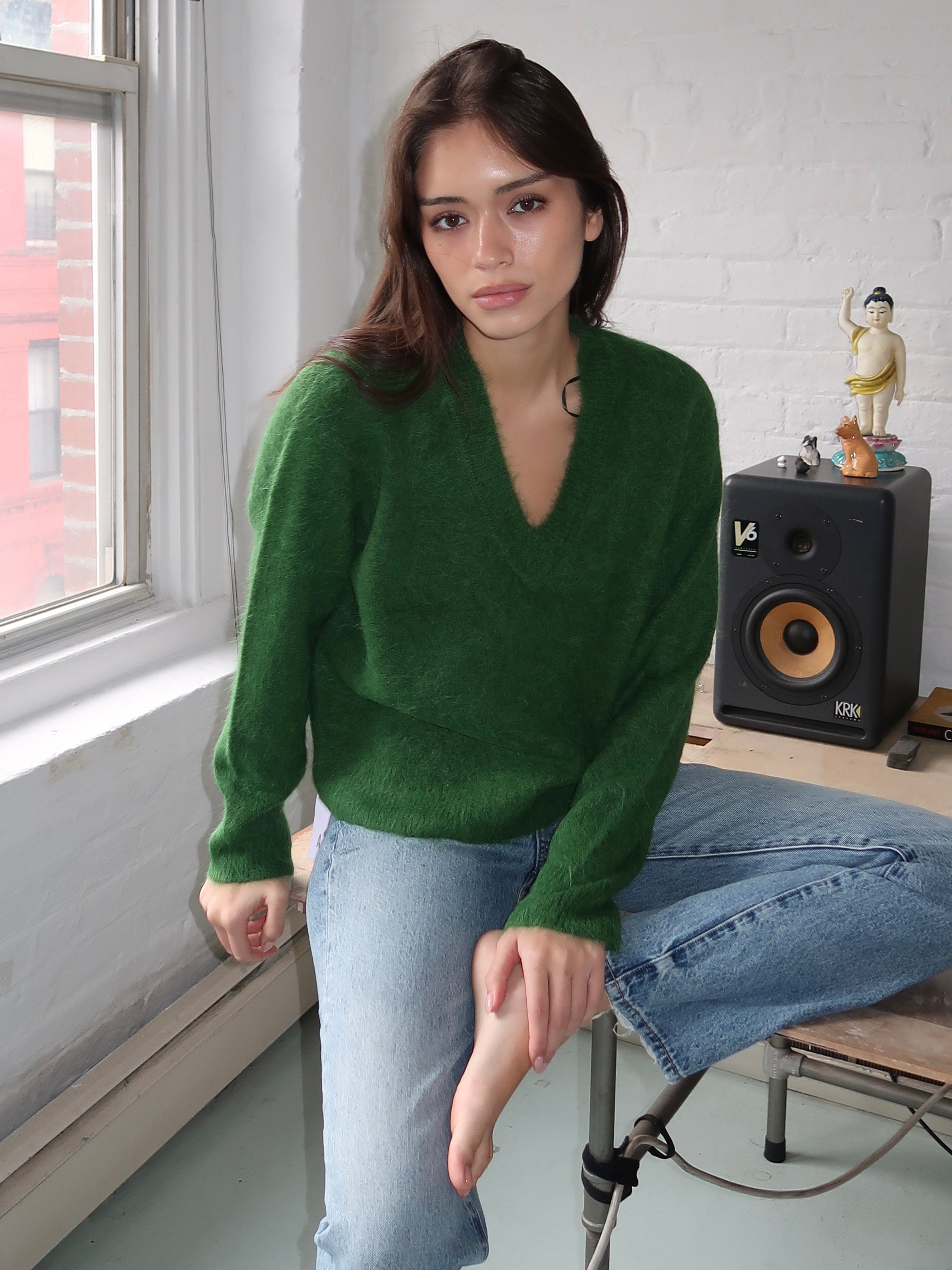 Kit V-Neck Pullover Sweater in Winter Green