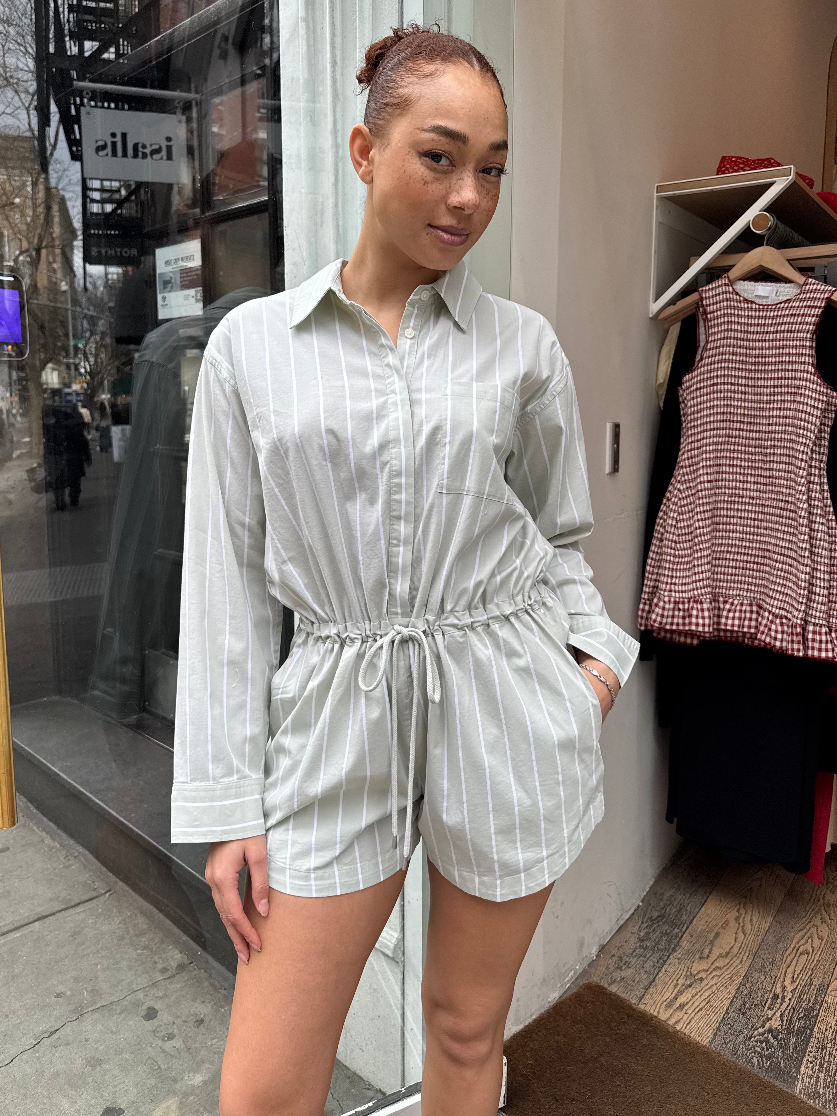 Amelie Romper in Pistachio Stripe