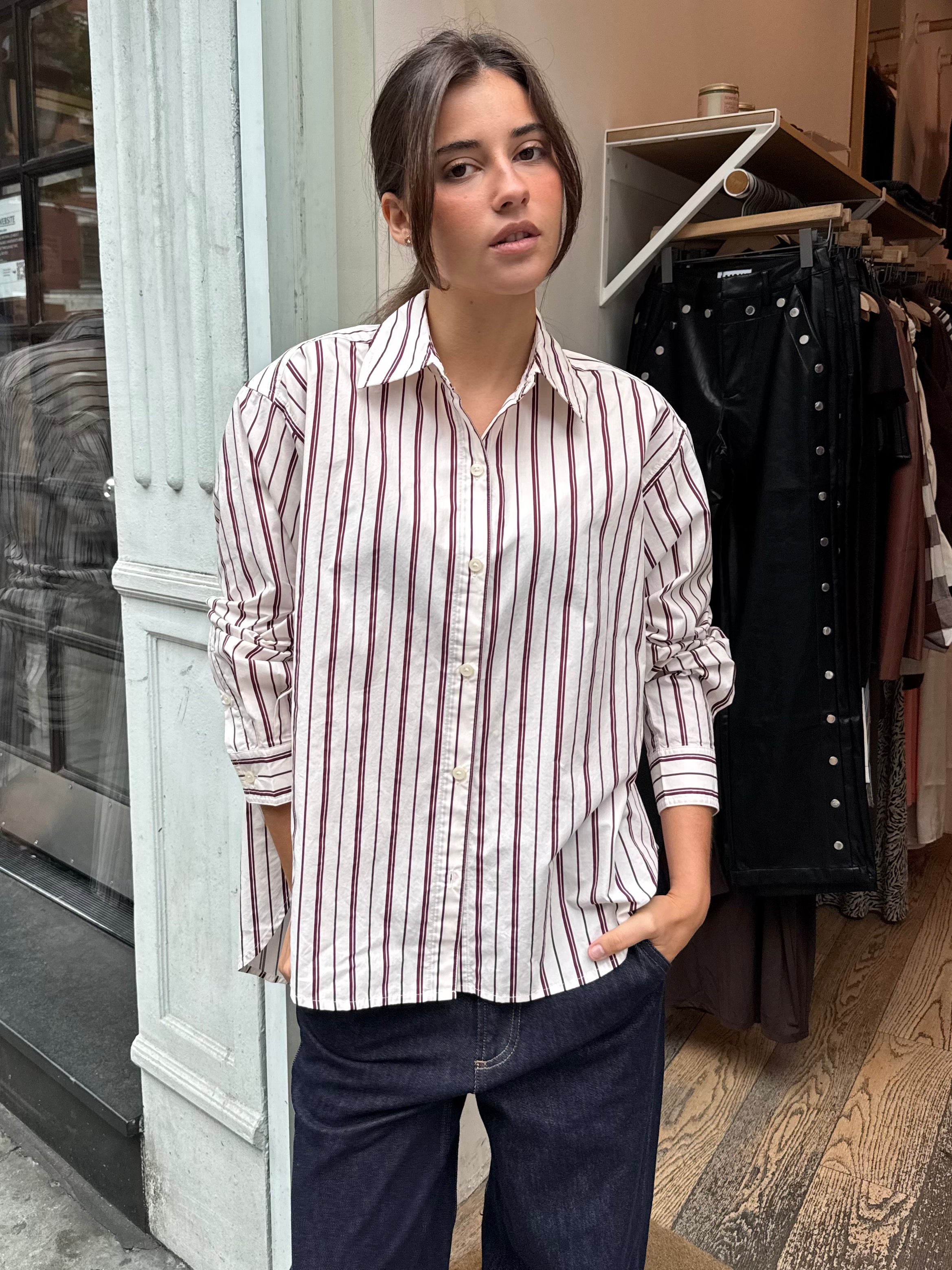 Finlay Oversized Button Up in Claret Stripe