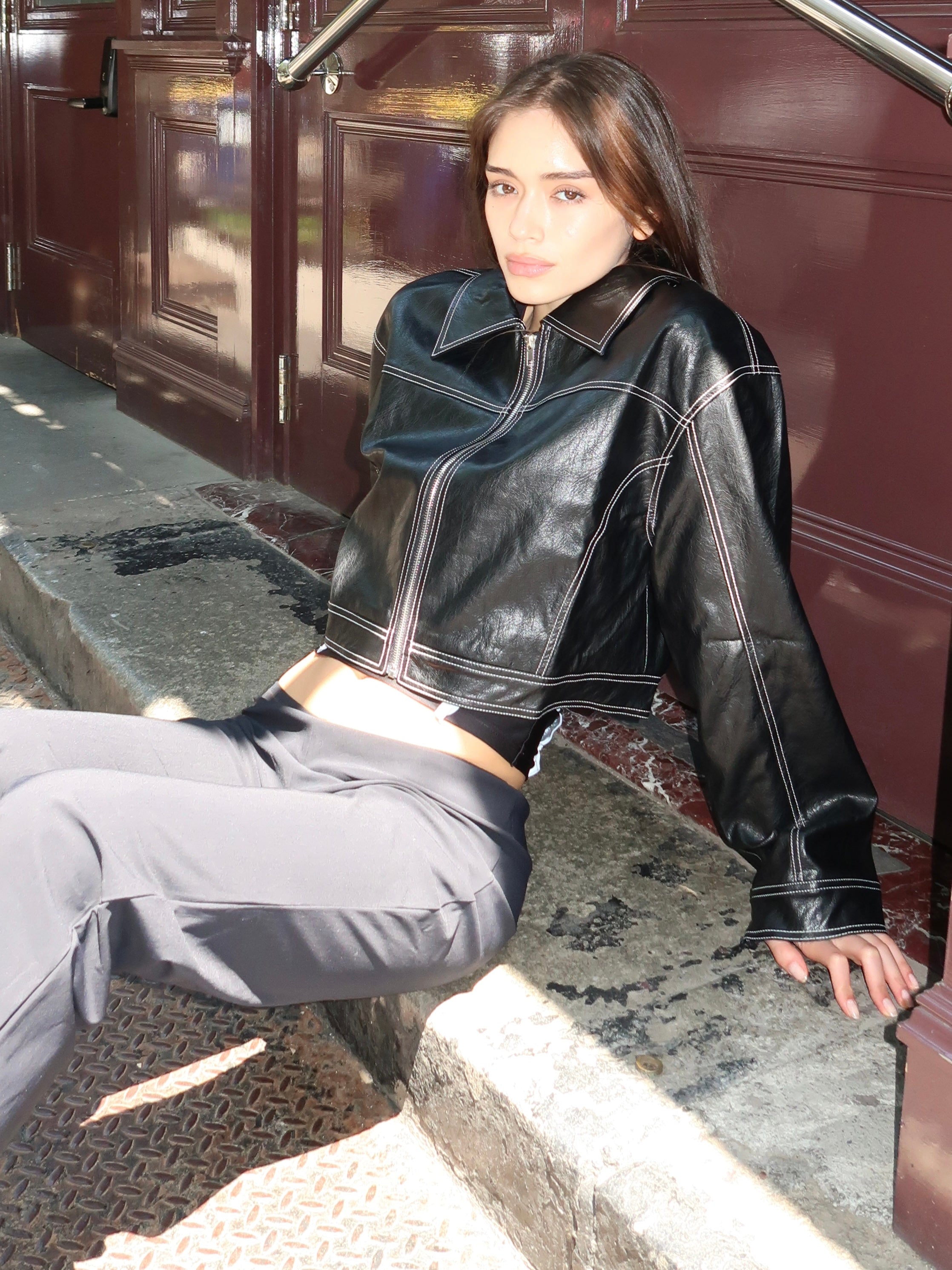 Neo Faux Leather Stitch Jacket in Black