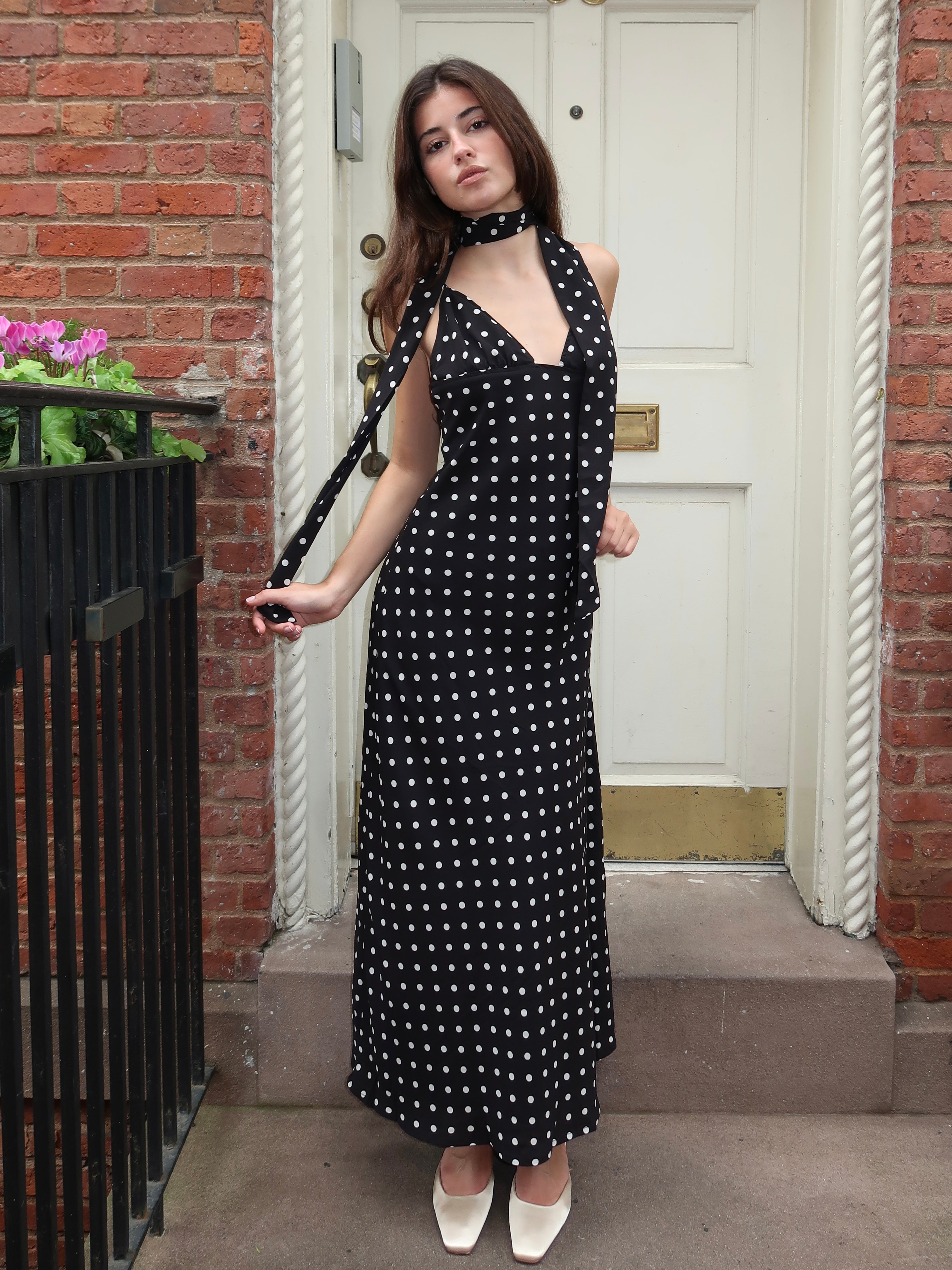 Stassie Scarf Maxi Dress in Black Polka Dot