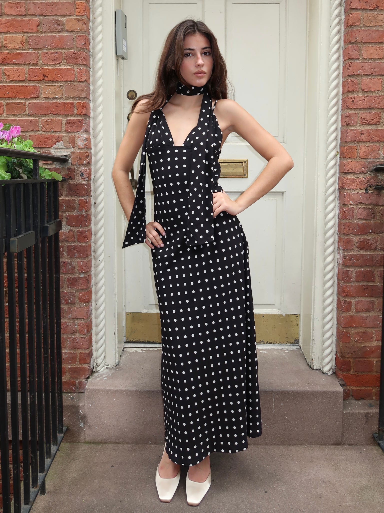 Stassie Scarf Maxi Dress in Black Polka Dot Isalis Stassie Scarf Maxi Dress in Black Polka Dot Isalis