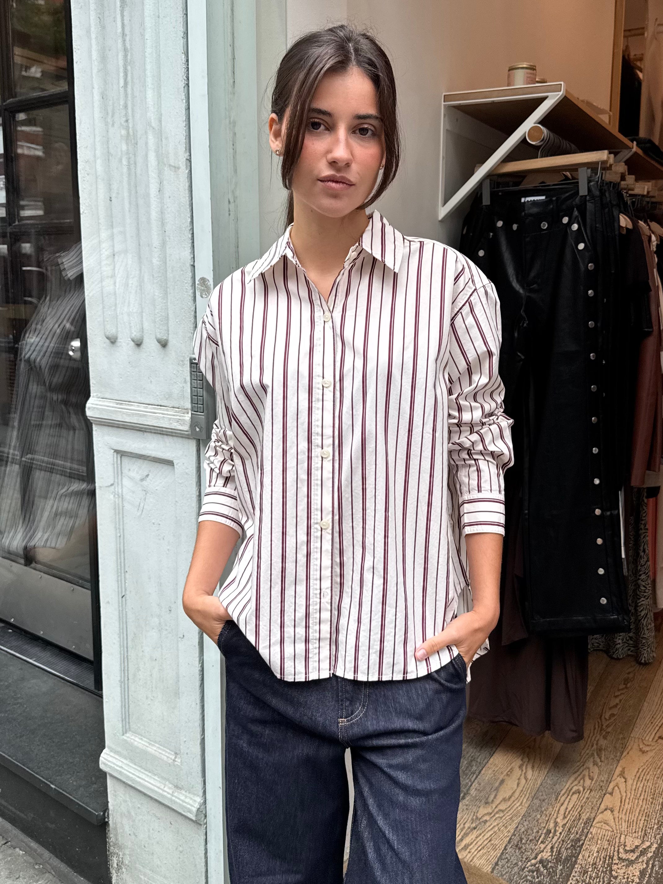 Finlay Oversized Button Up in Claret Stripe