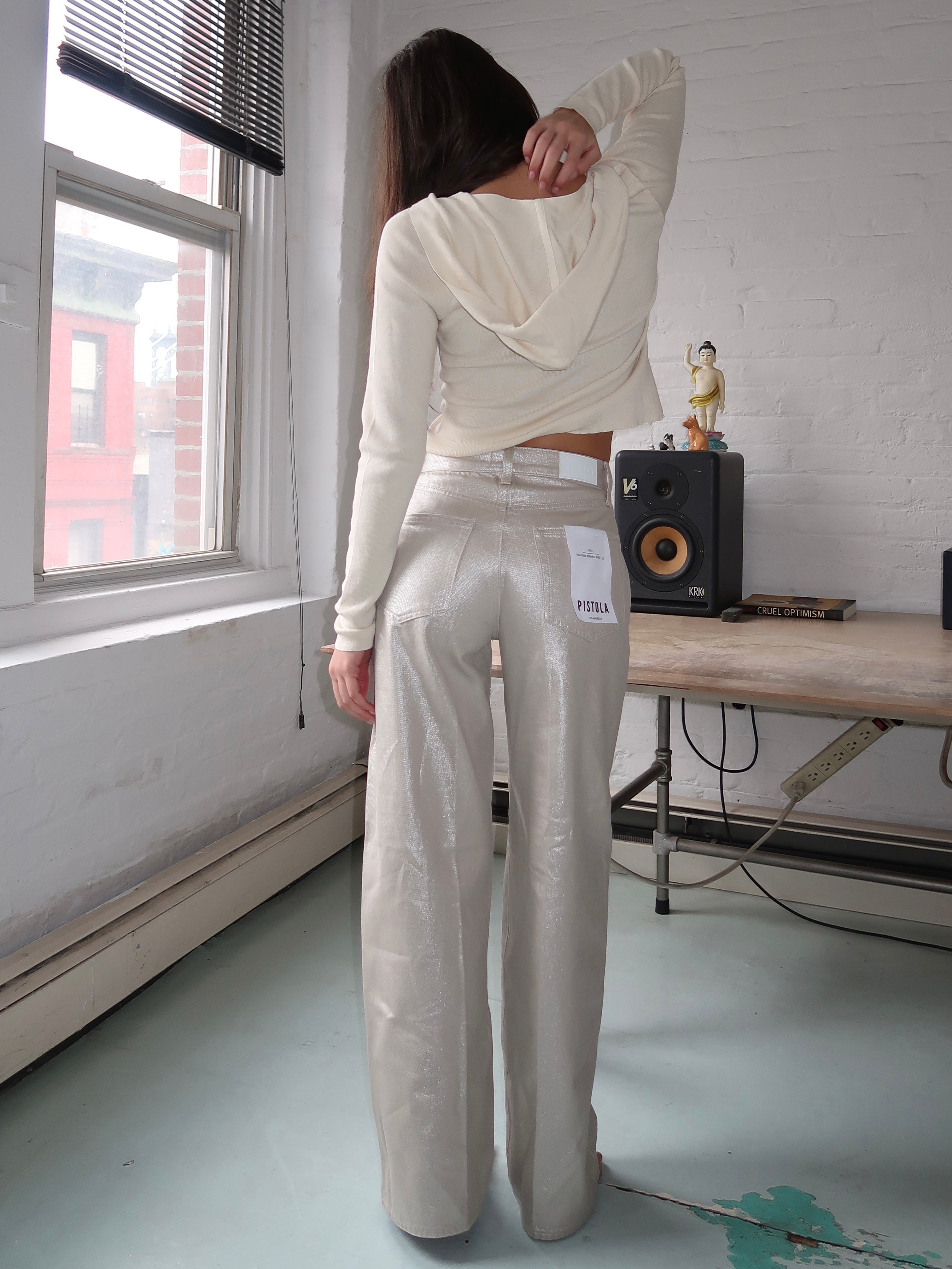 Tate High Rise Bowed Wide Leg in Champagne Luster