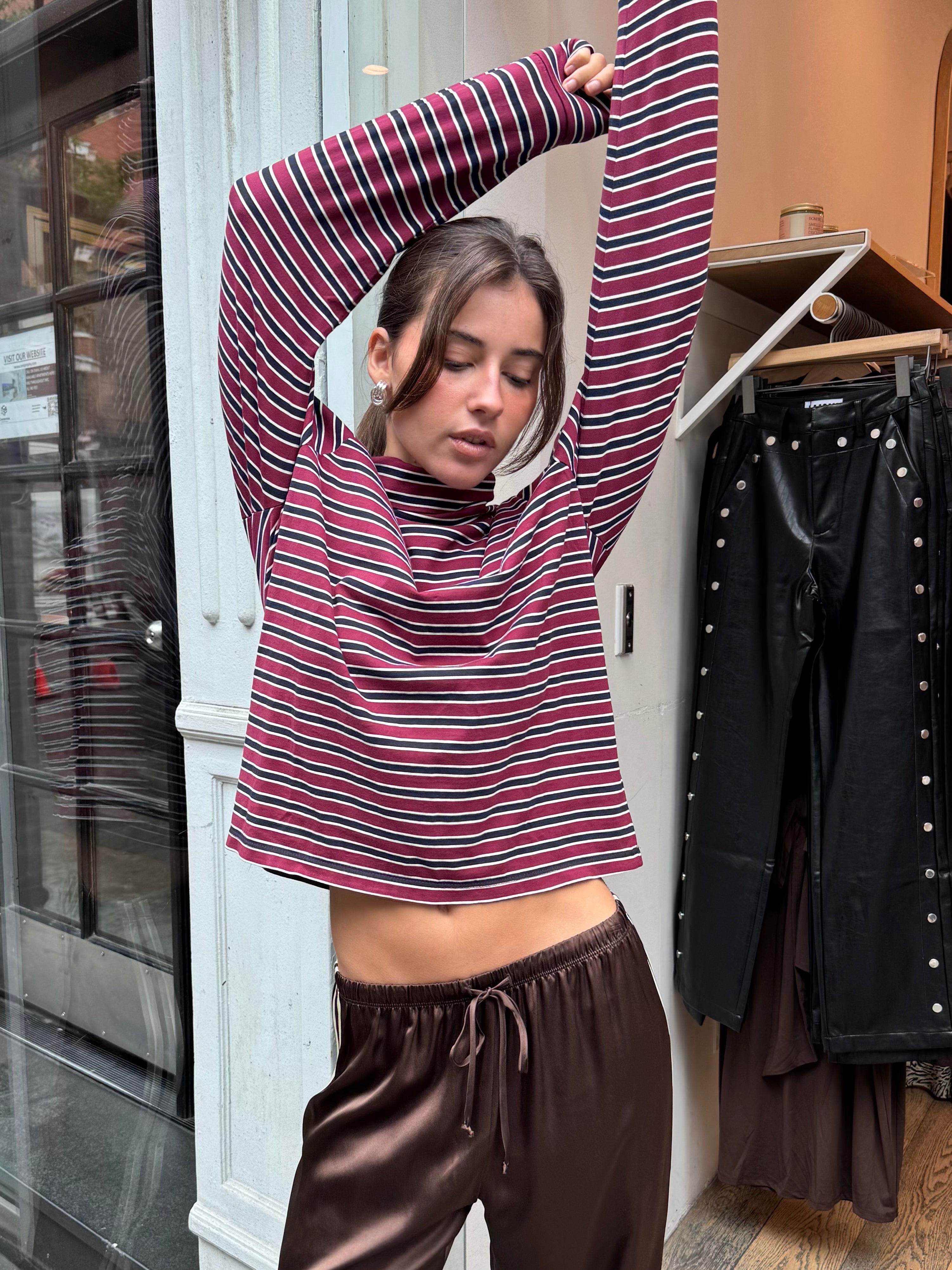 The Stripe Jersey Turtleneck in Oxblood