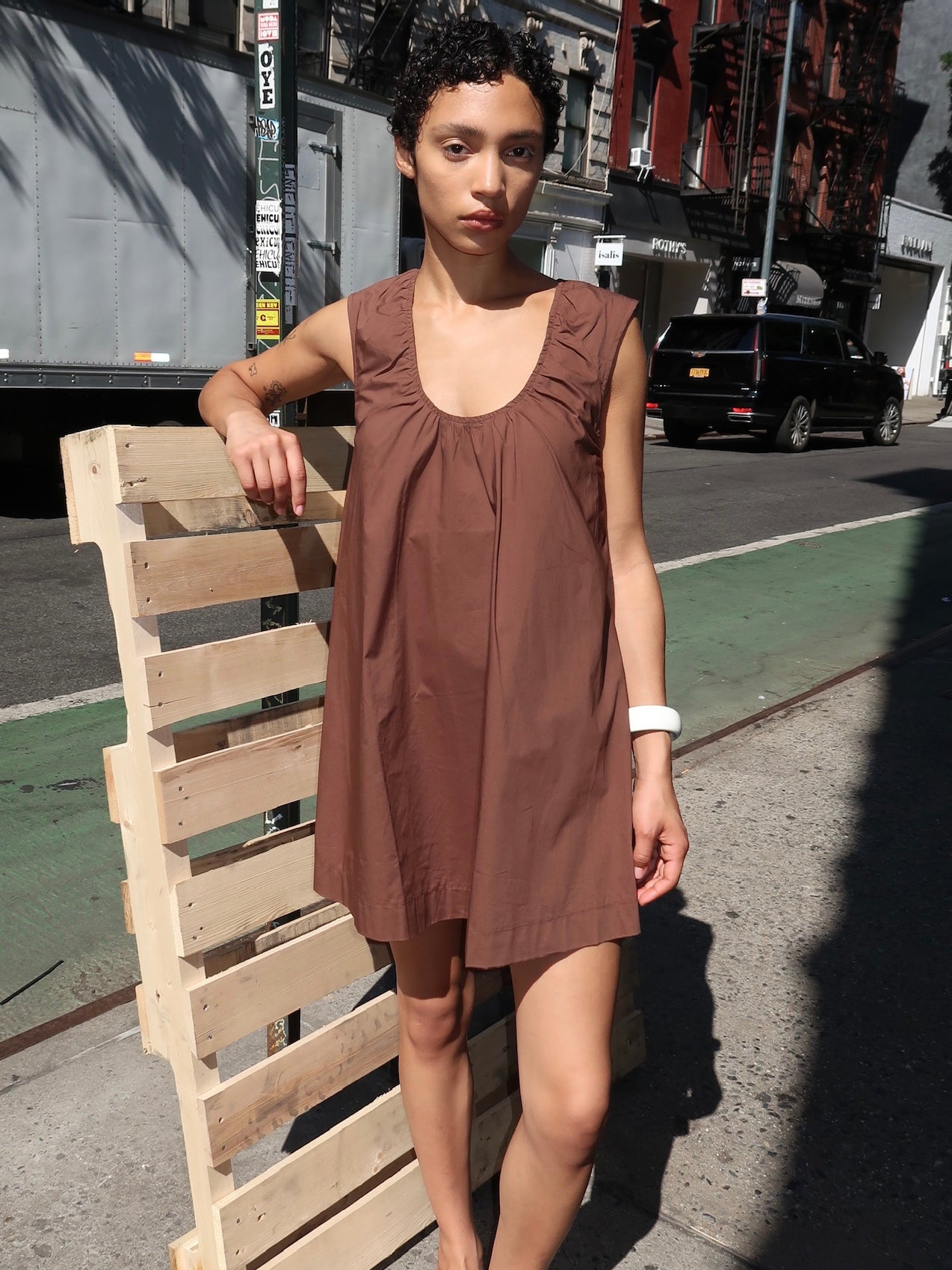 Gesa Shift Mini Dress in Brown