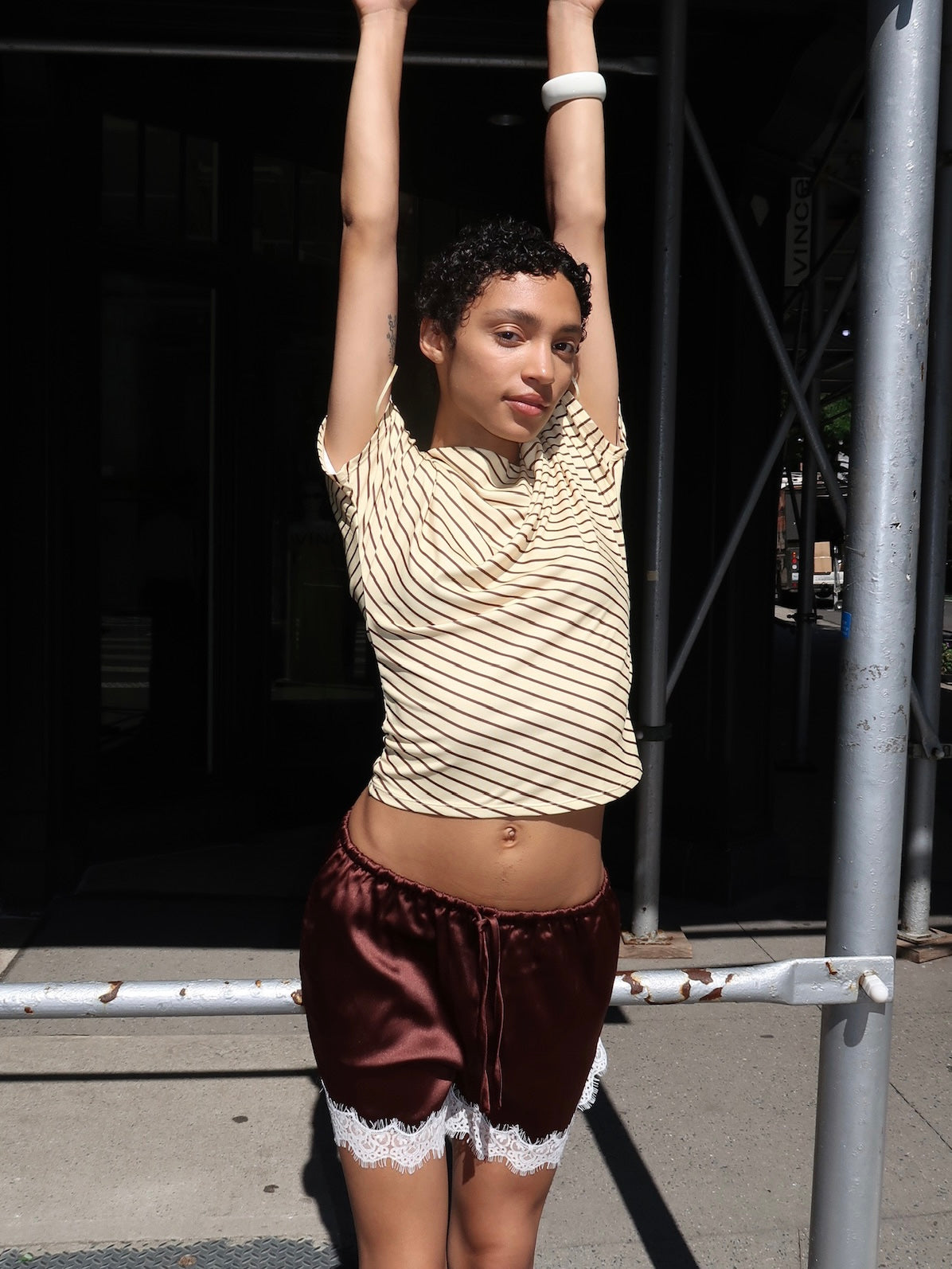 Poppy Cowl Neck Top in Yellow Brown Stripe