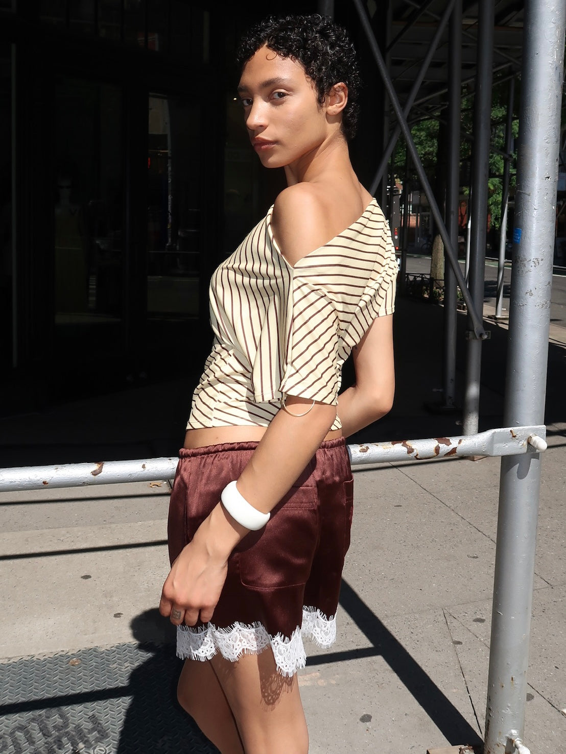 Poppy Cowl Neck Top in Yellow Brown Stripe