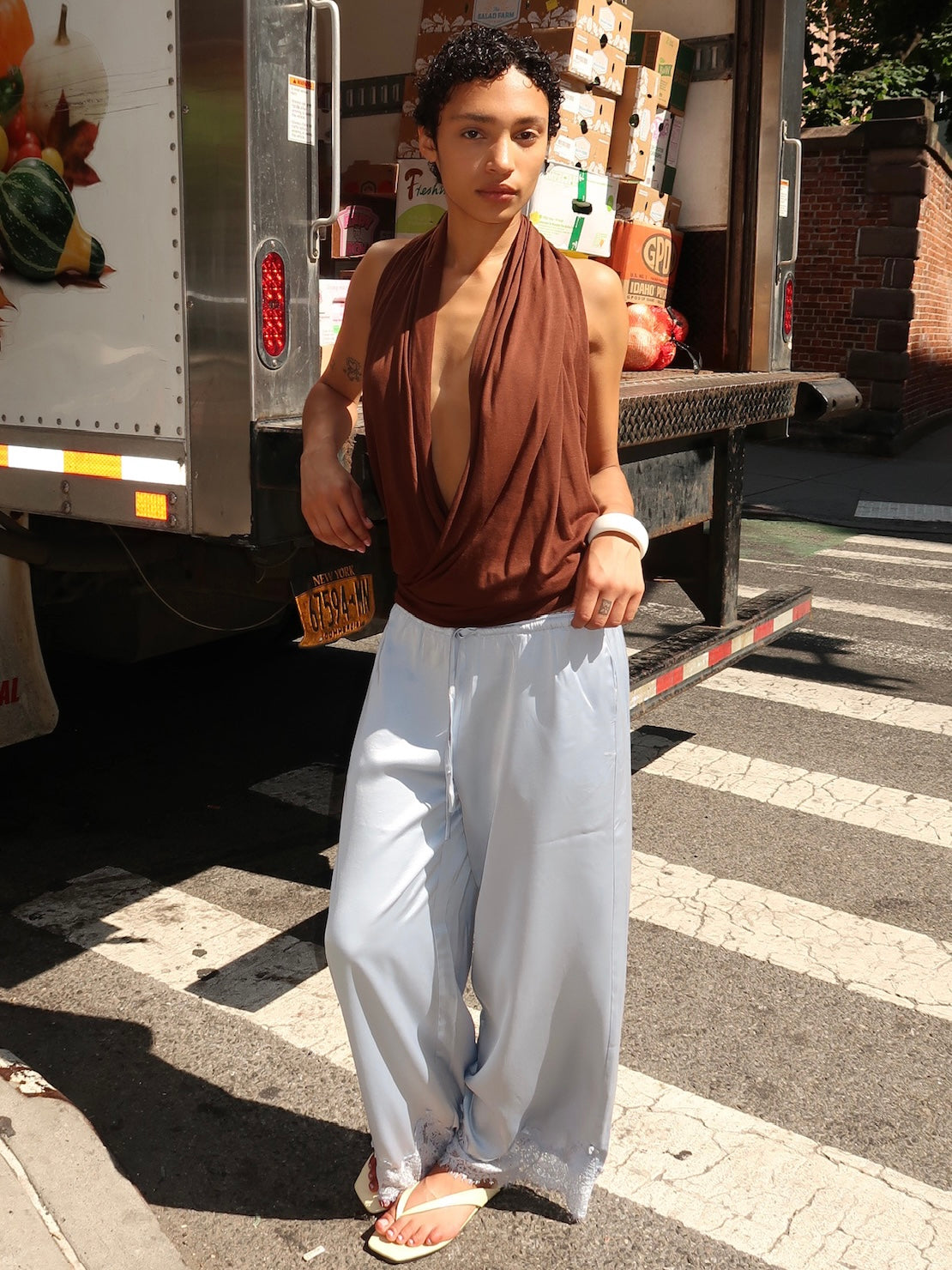 Noelle Silky Lace Trim Pants in Light Blue