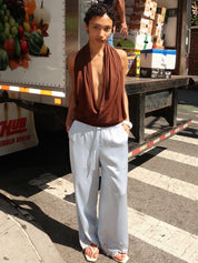 Noelle Silky Lace Trim Pants in Light Blue