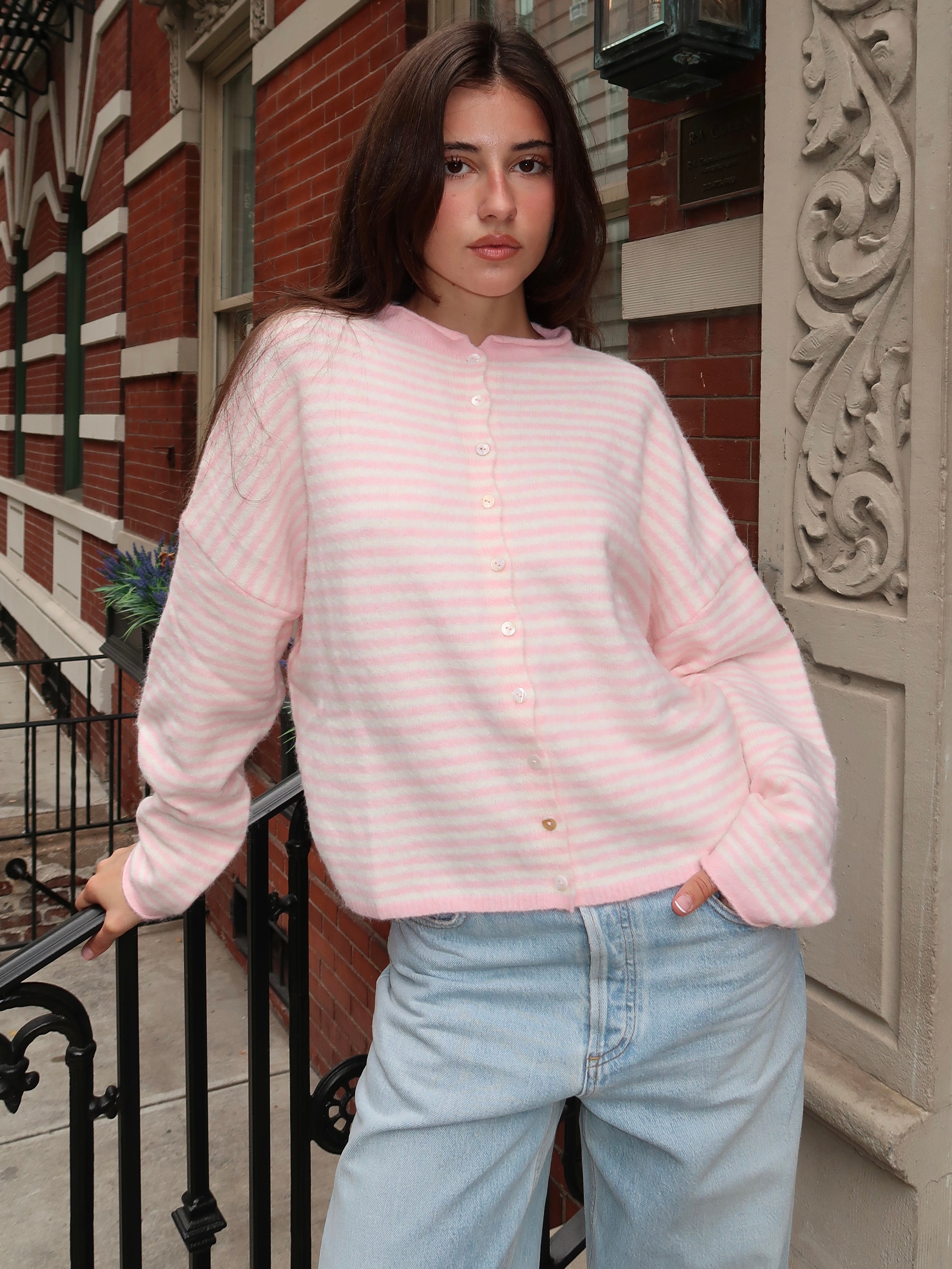 Pisces Button Down Cardigan in Mini Pink Stripe