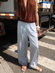 Noelle Silky Lace Trim Pants in Light Blue