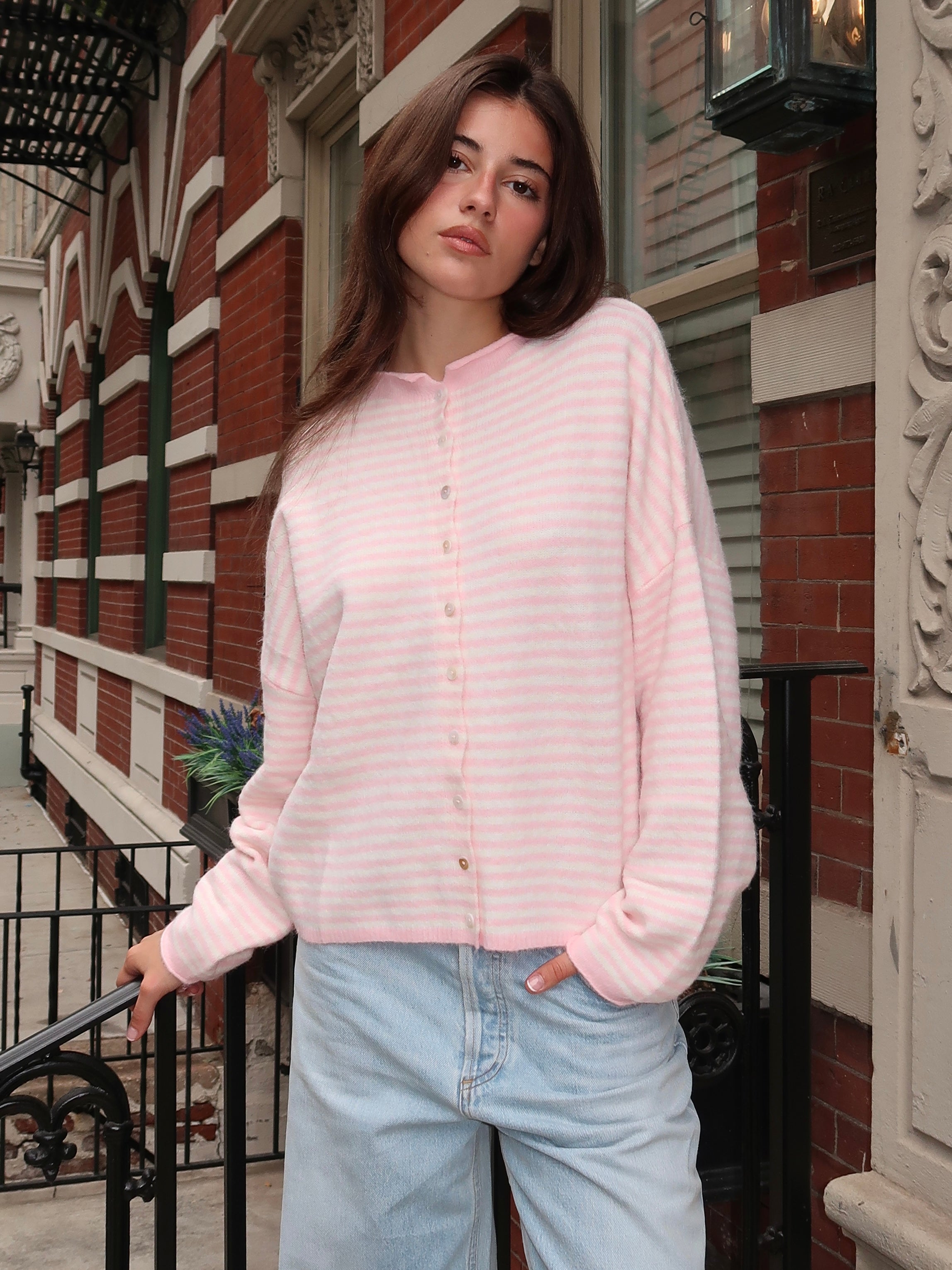 Pisces Button Down Cardigan in Mini Pink Stripe