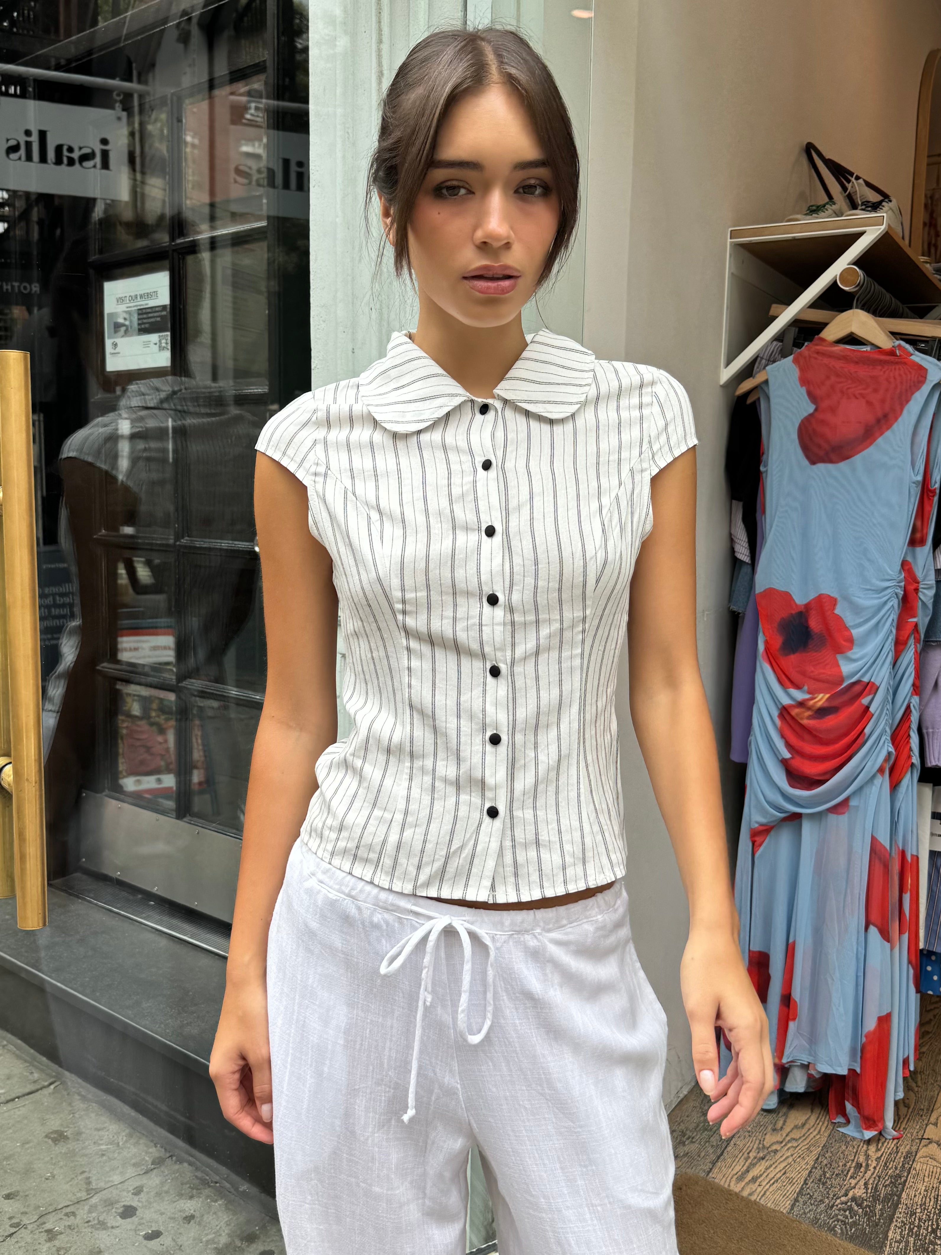 Lainey Button Down Top in Striped Linen