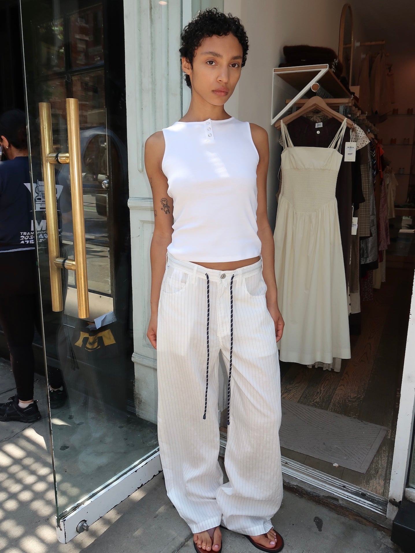 Brynn Drawstring Trouser in Black Pinstripe